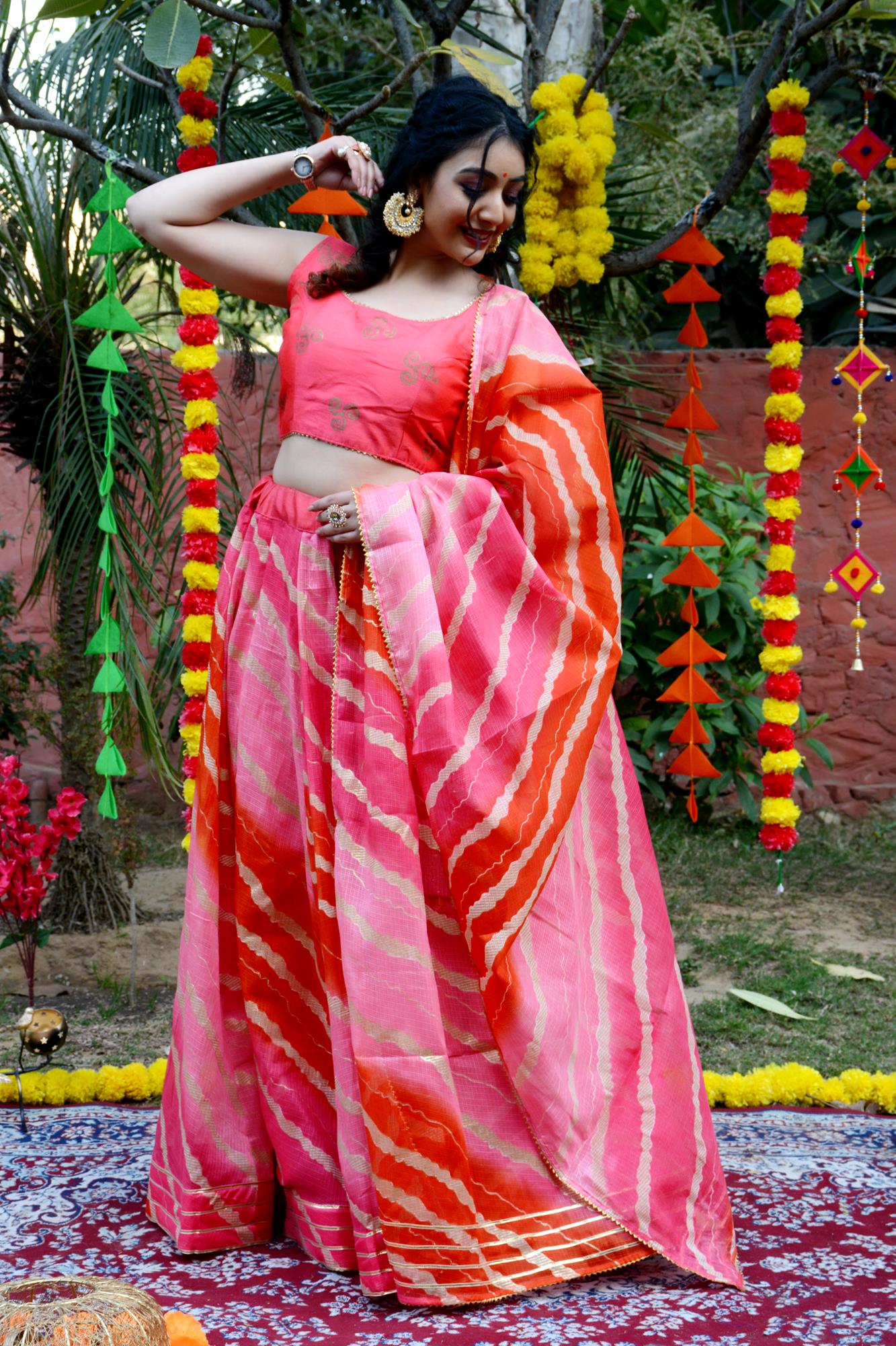 Women's Peach-Orange  Striped Lehenga & Dupatta with Unstitched Blouse - Indi Inside