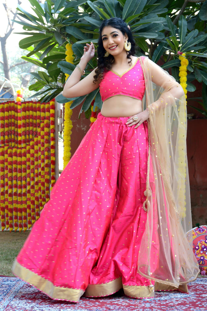 Women's Pink Silk Lehenga with Net Dupatta and Unstitched Blouse