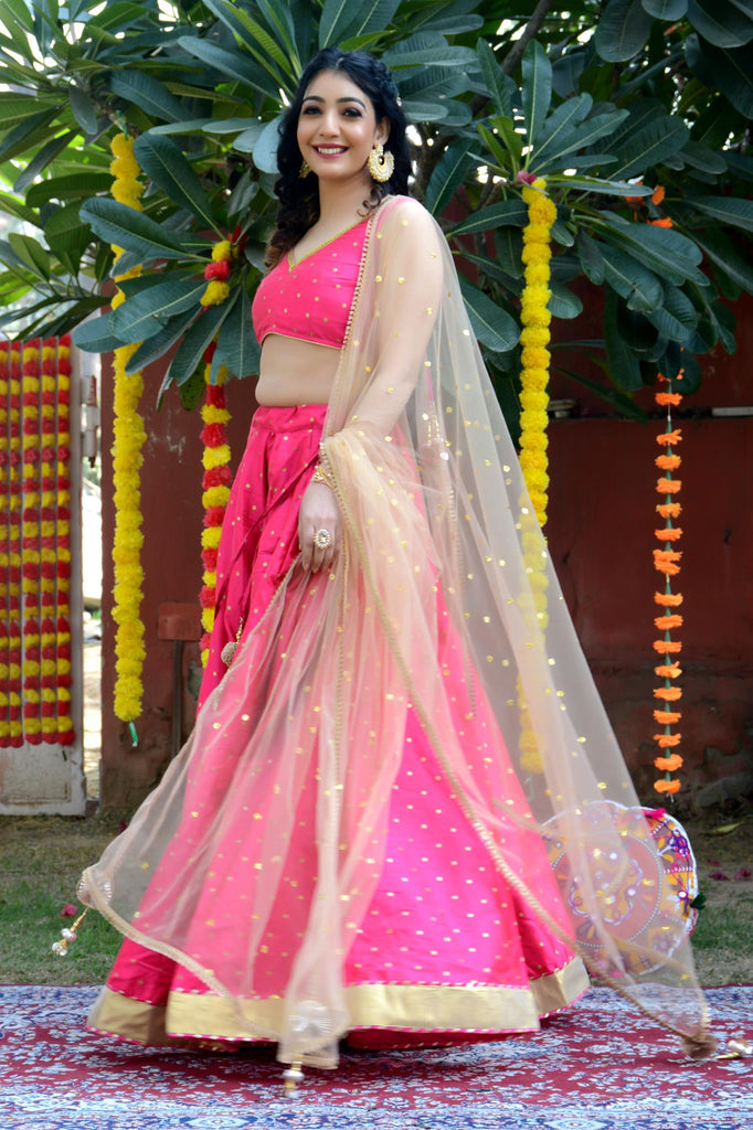 Women's Pink Silk Lehenga with Net Dupatta and Unstitched Blouse