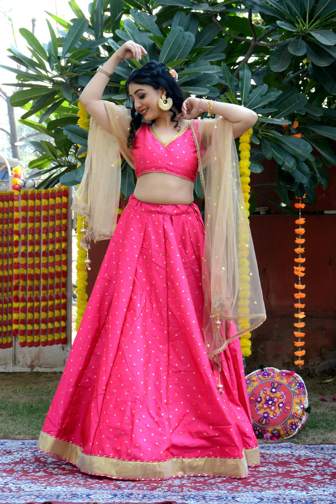 Women's Pink Silk Lehenga with Net Dupatta and Unstitched Blouse
