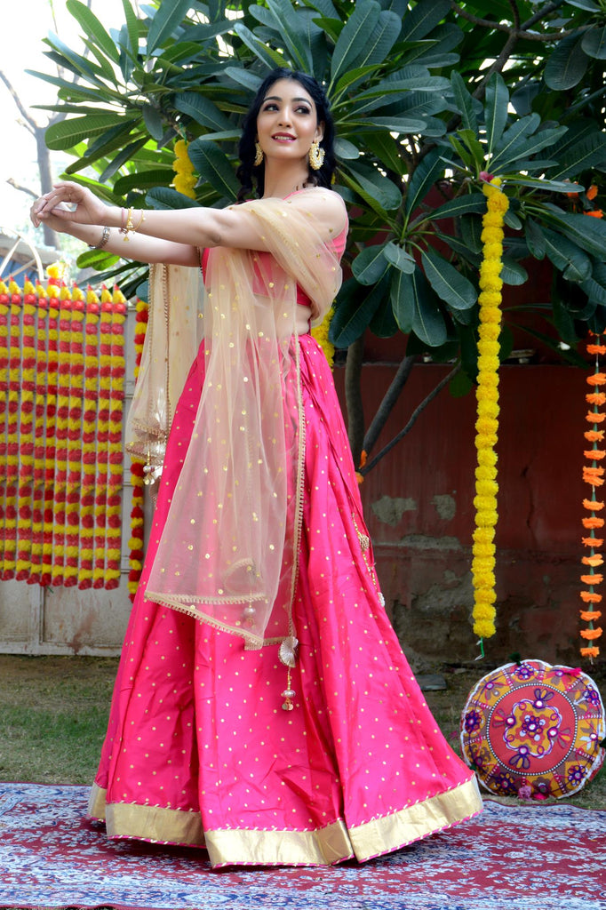 Women's Pink Silk Lehenga with Net Dupatta and Unstitched Blouse