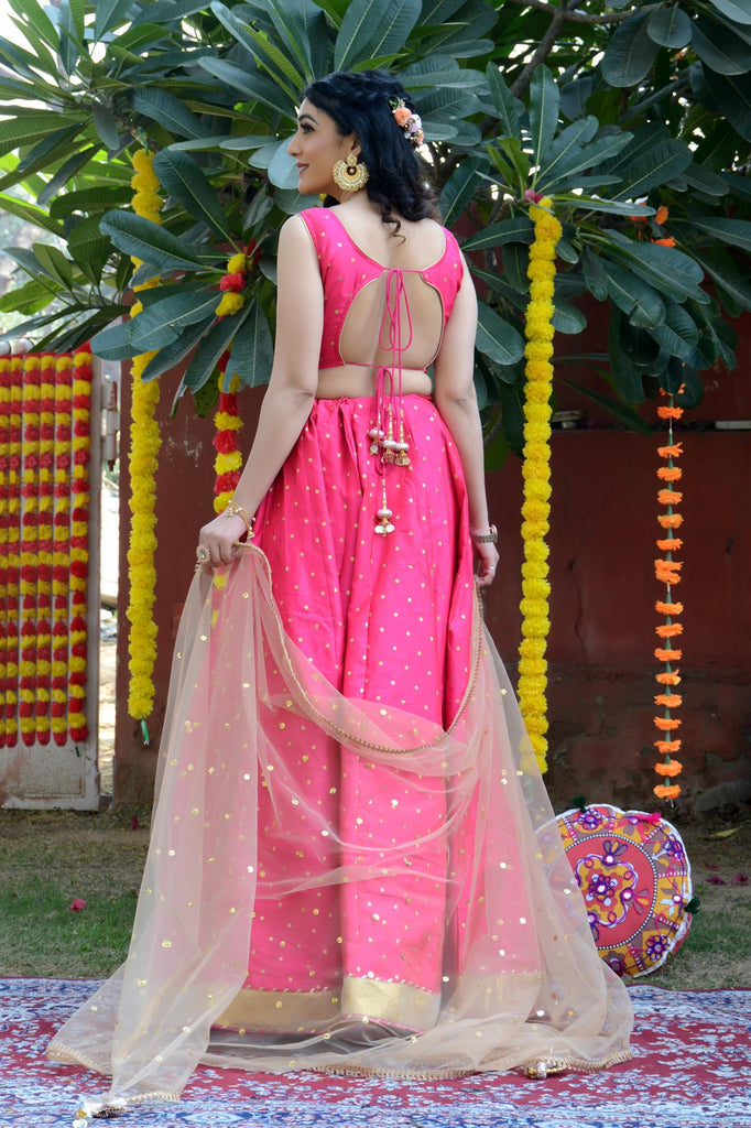 Women's Pink Silk Lehenga with Net Dupatta and Unstitched Blouse