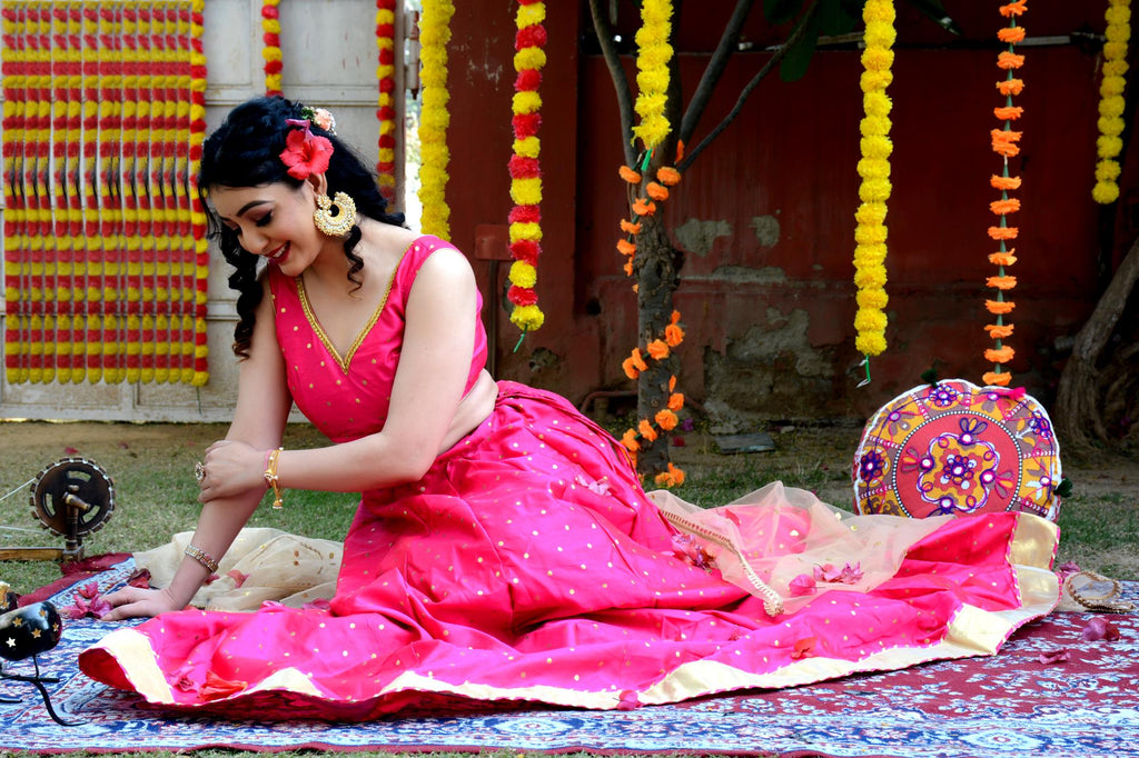 Women's Pink Silk Lehenga with Net Dupatta and Unstitched Blouse