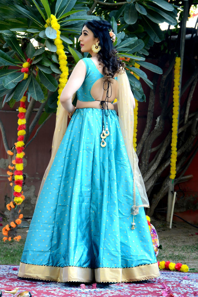 Women's Teal Blue Silk Lehenga with Net Dupatta and Unstitched Blouse