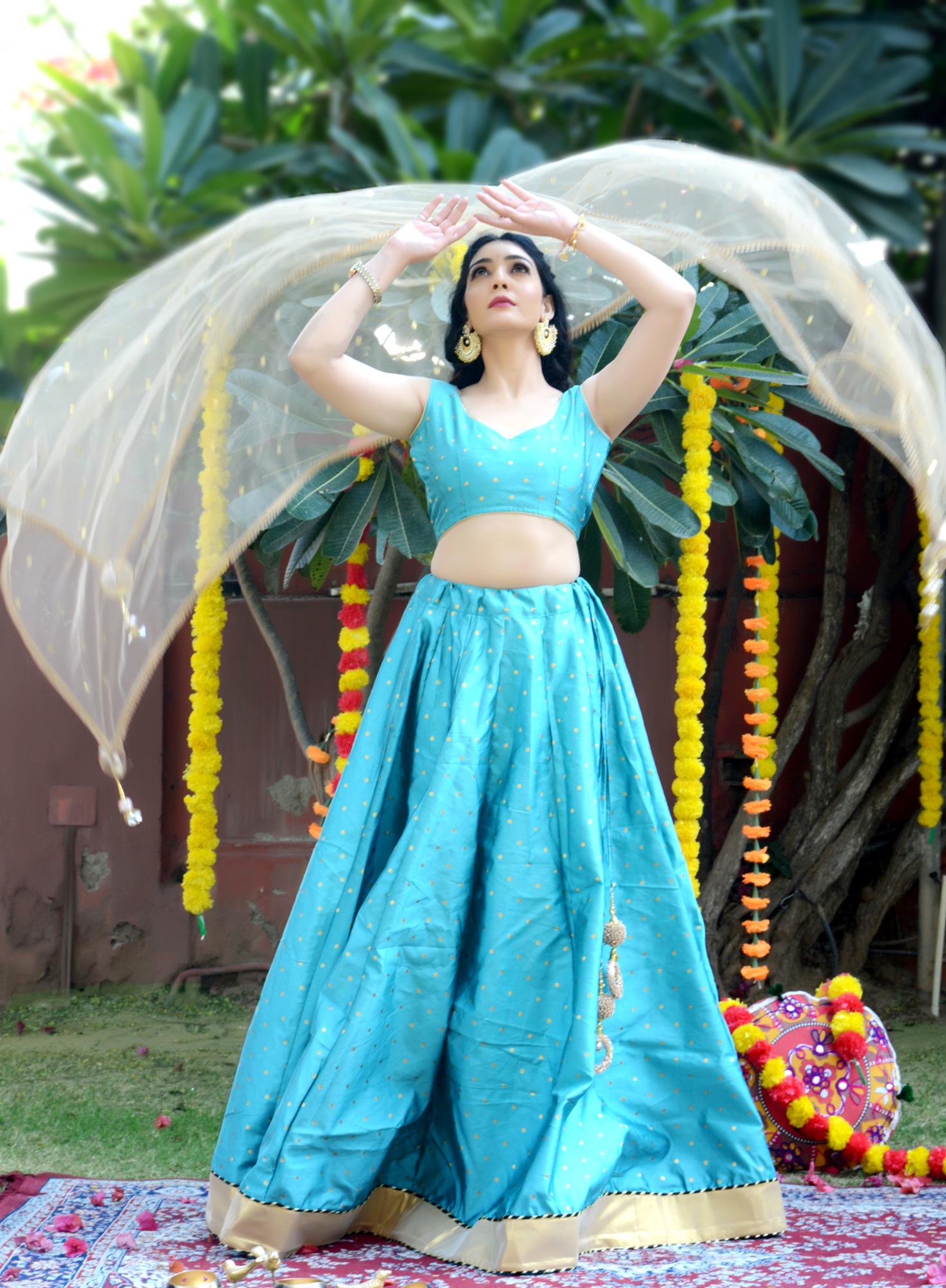 Women's Teal Blue Silk Lehenga with Net Dupatta and Unstitched Blouse - Indi Inside