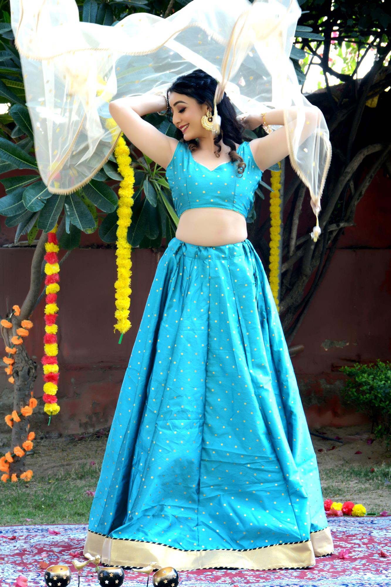 Women's Teal Blue Silk Lehenga with Net Dupatta and Unstitched Blouse - Indi Inside