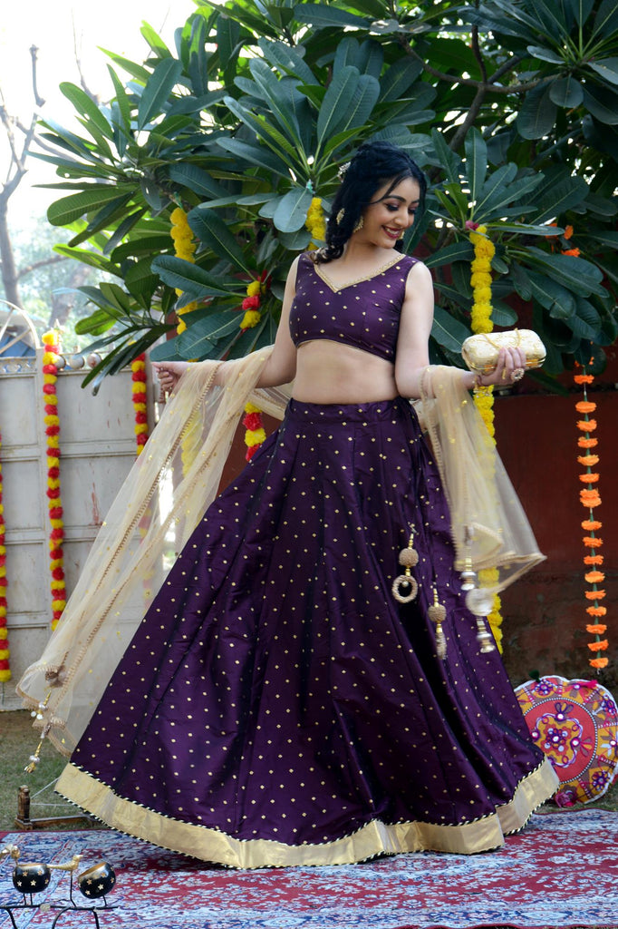 Women's Wine Silk Lehenga with Net Dupatta and Unstitched Blouse