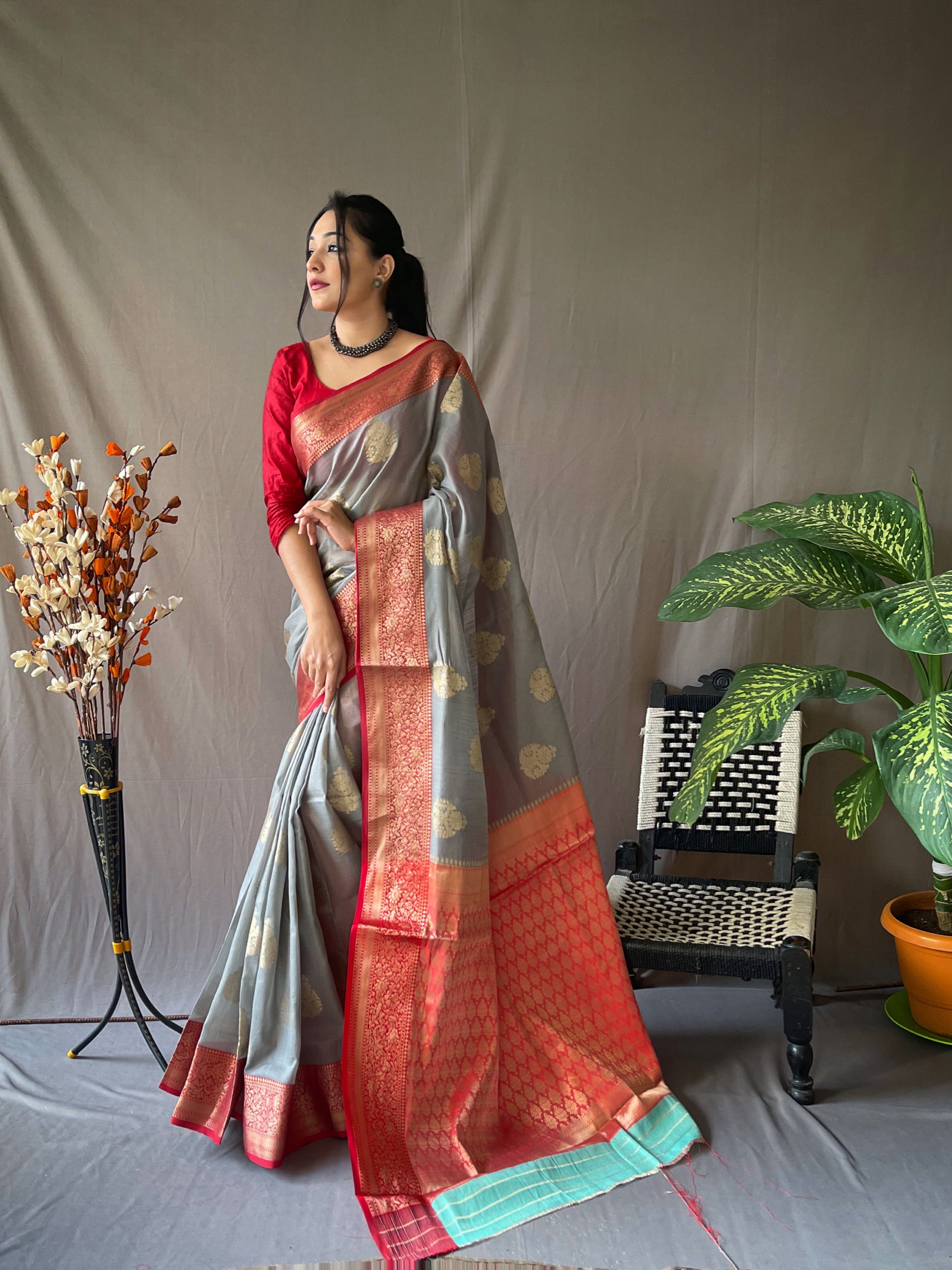 Women's Linen Contrast Woven Saree Grey - Tasarika
