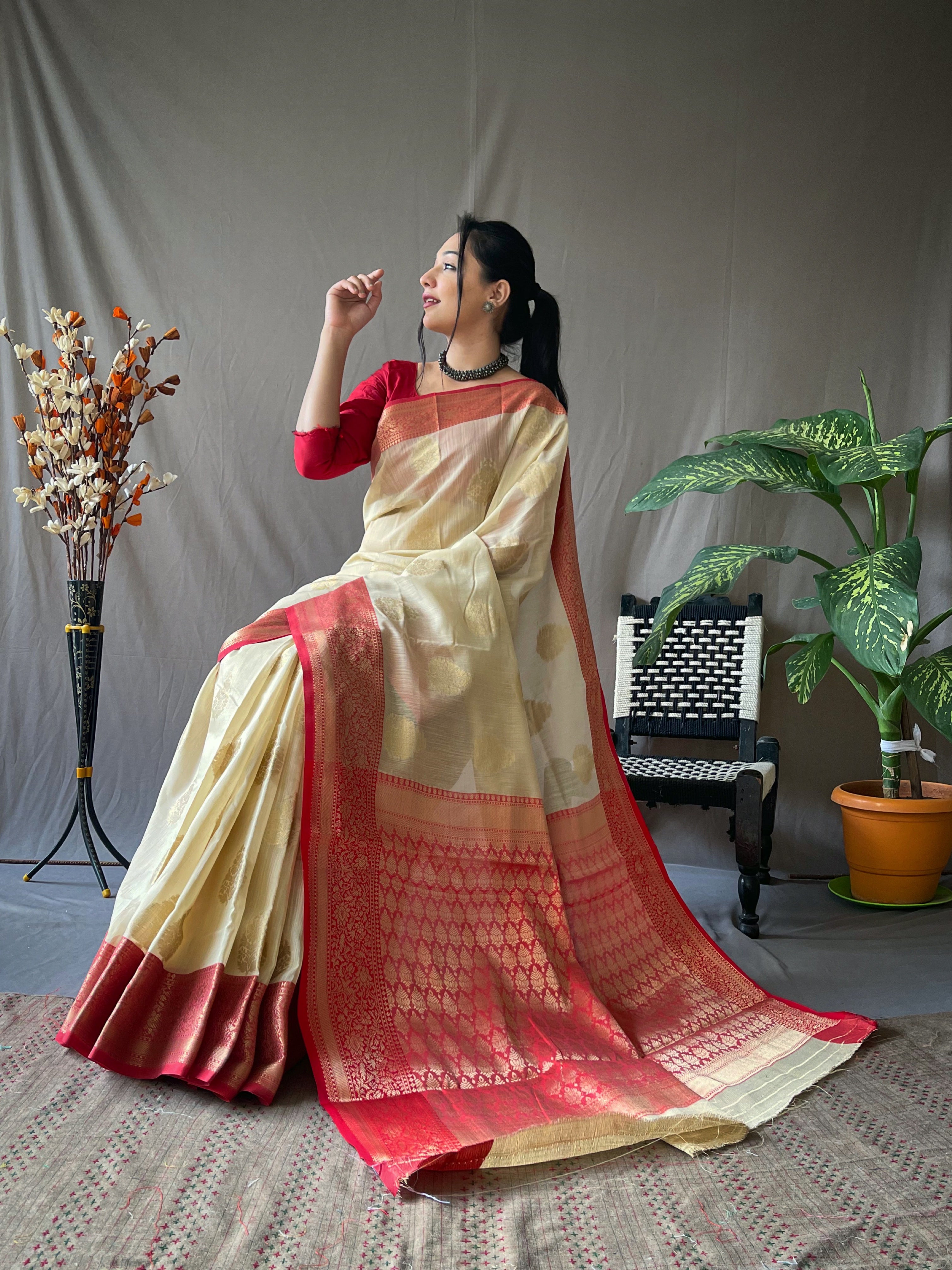 Women's Linen Contrast Woven Saree Ivory - Tasarika