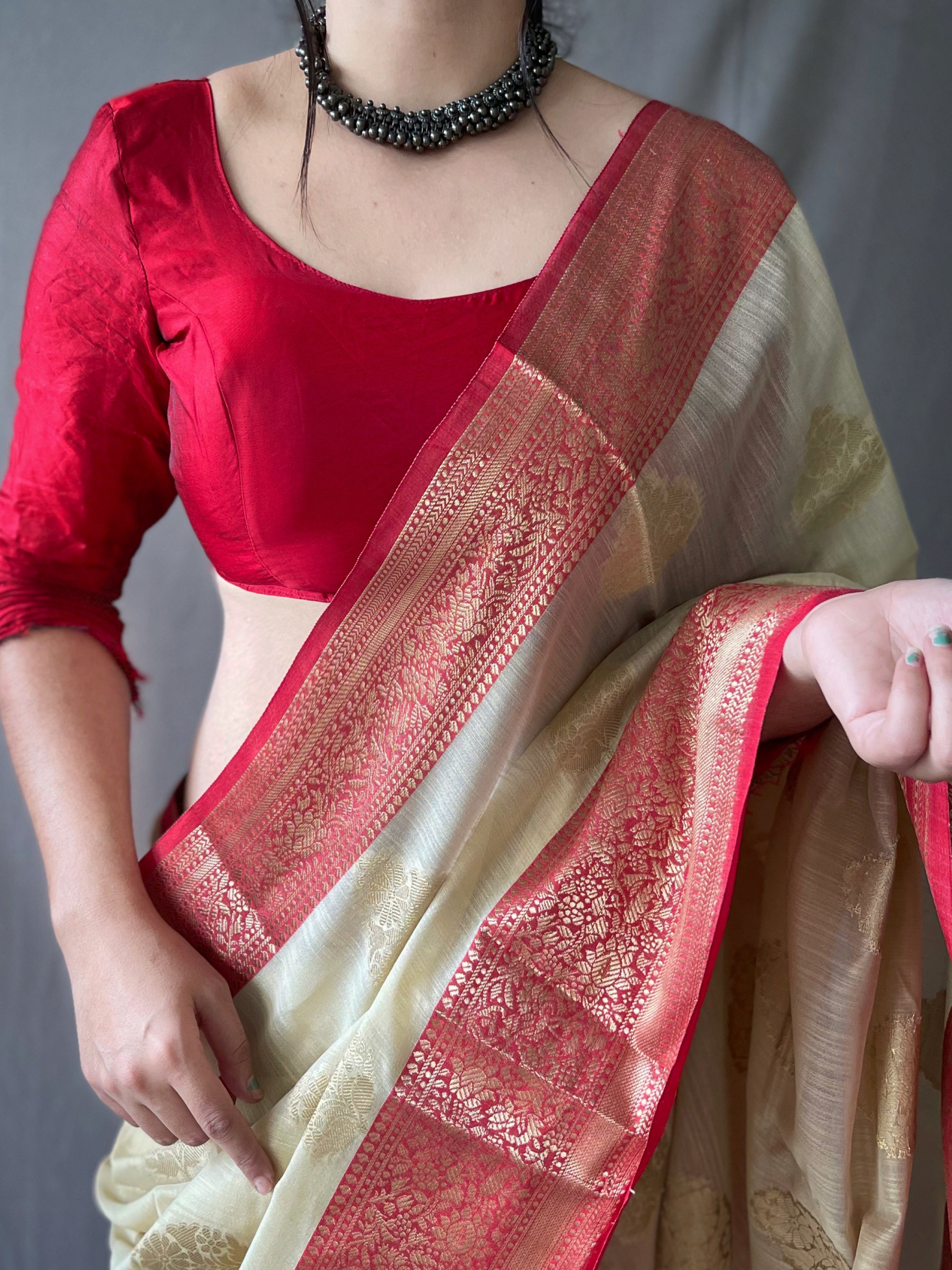 Women's Linen Contrast Woven Saree Ivory - Tasarika