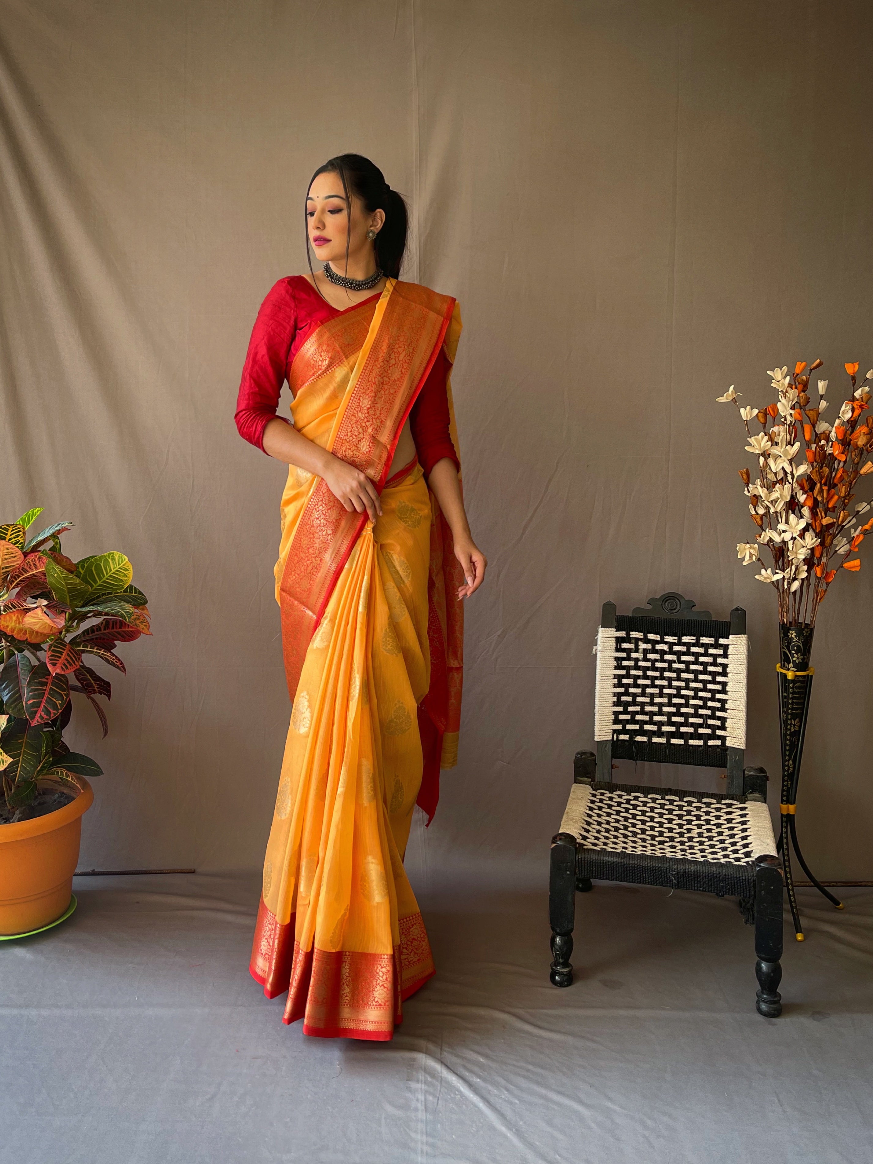 Women's Linen Contrast Woven Saree Orange - Tasarika