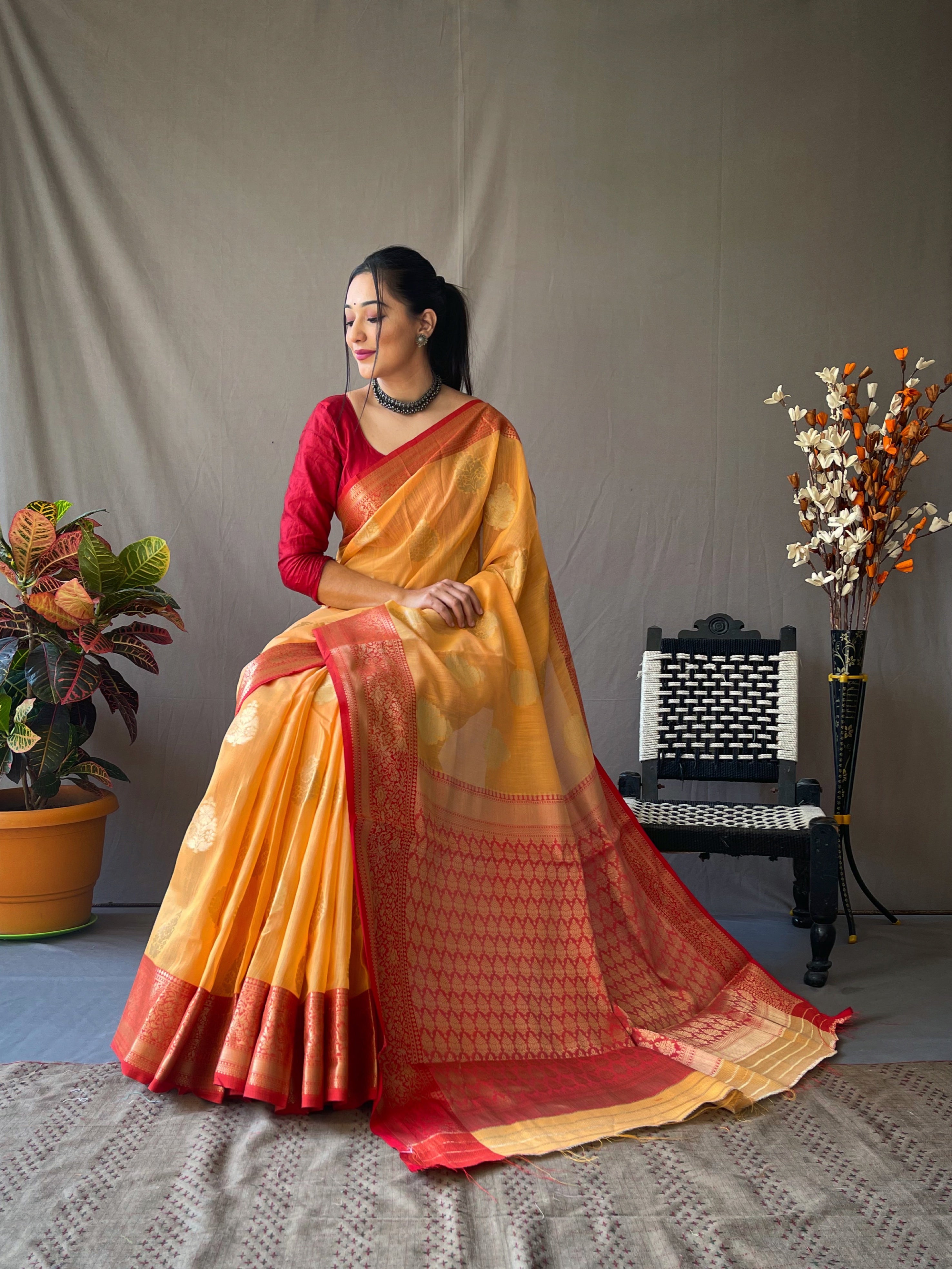 Women's Linen Contrast Woven Saree Orange - Tasarika