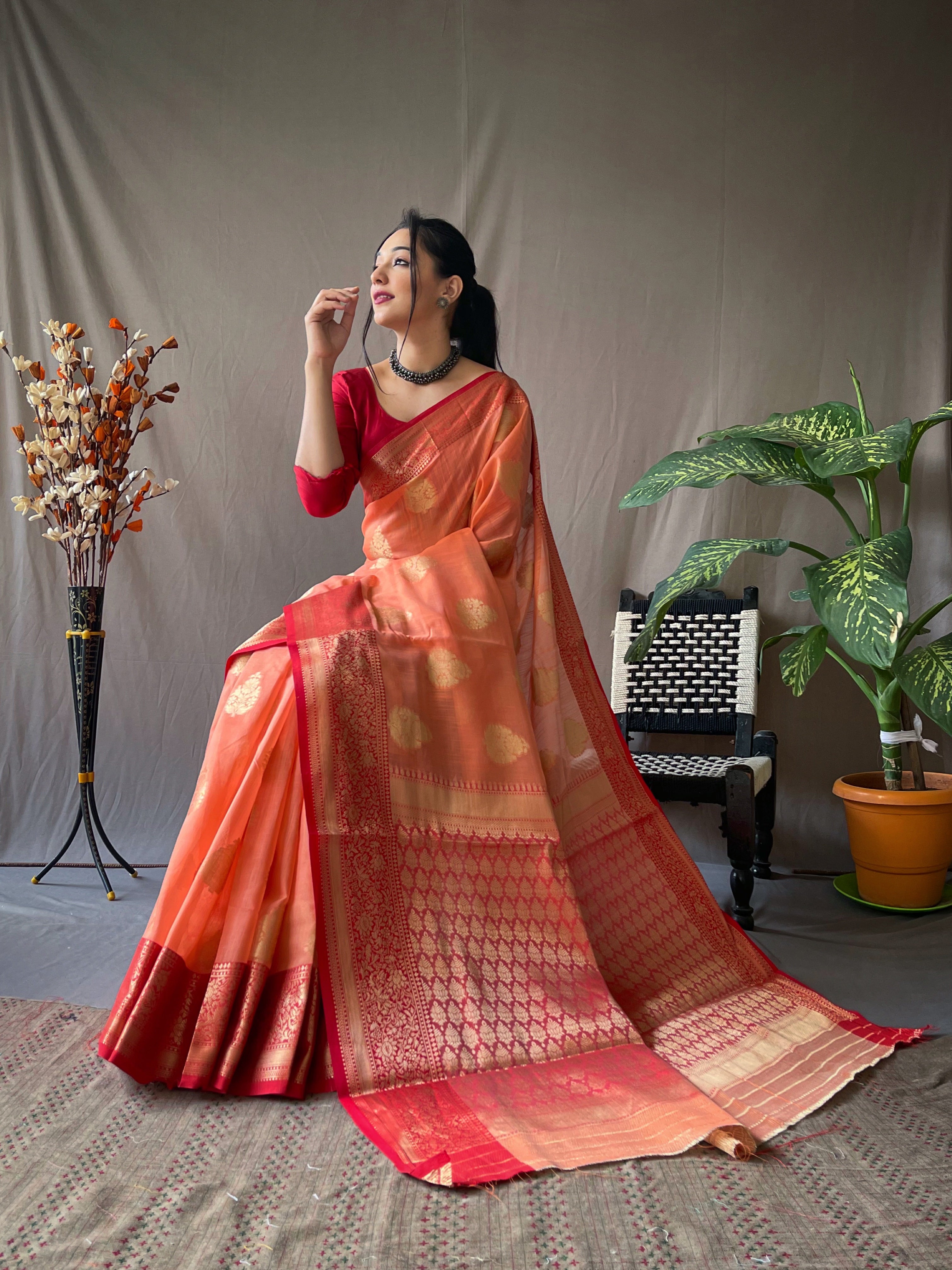 Women's Linen Contrast Woven Saree Peach - Tasarika