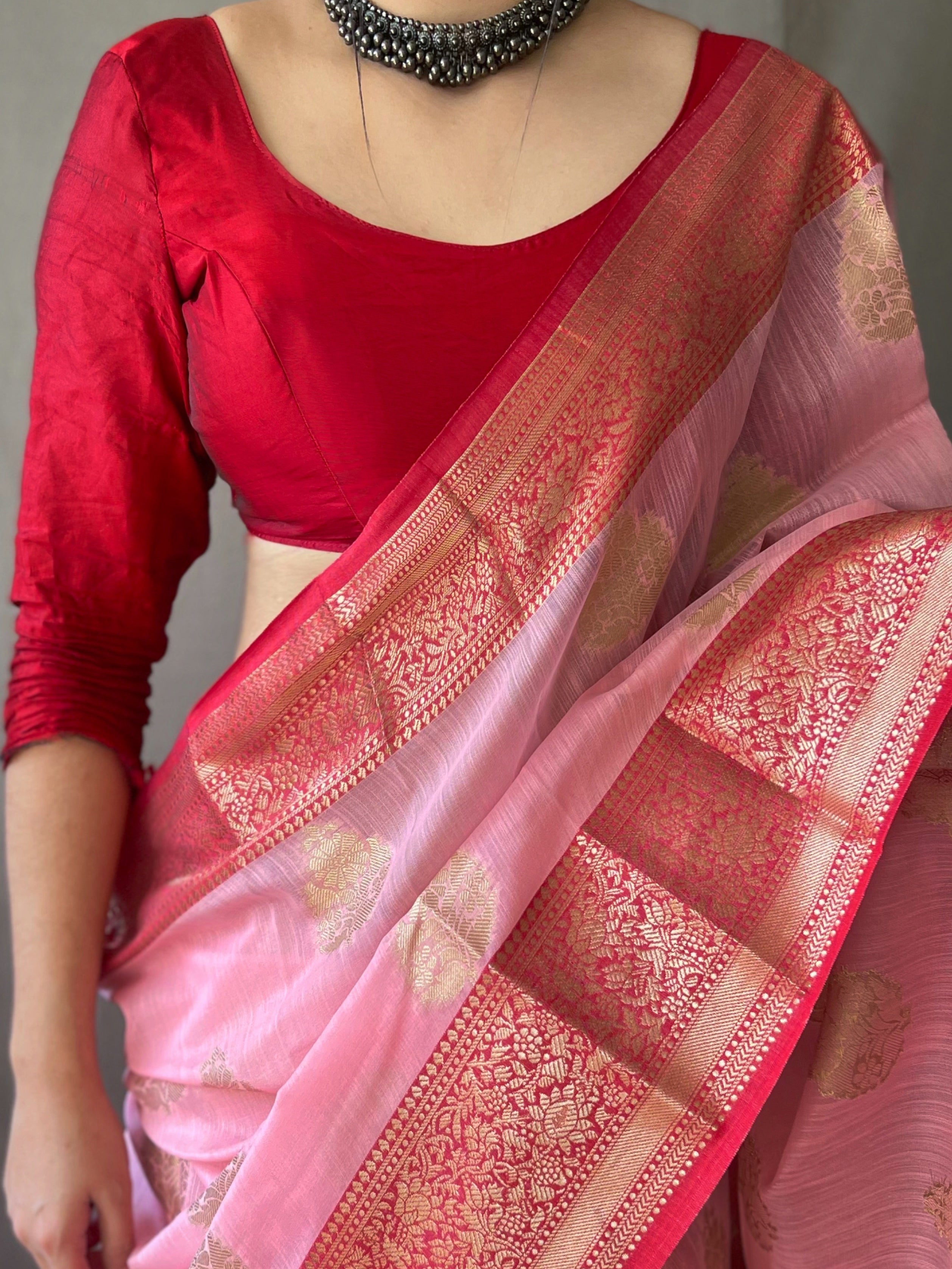 Women's Linen Contrast Woven Saree Pink - Tasarika