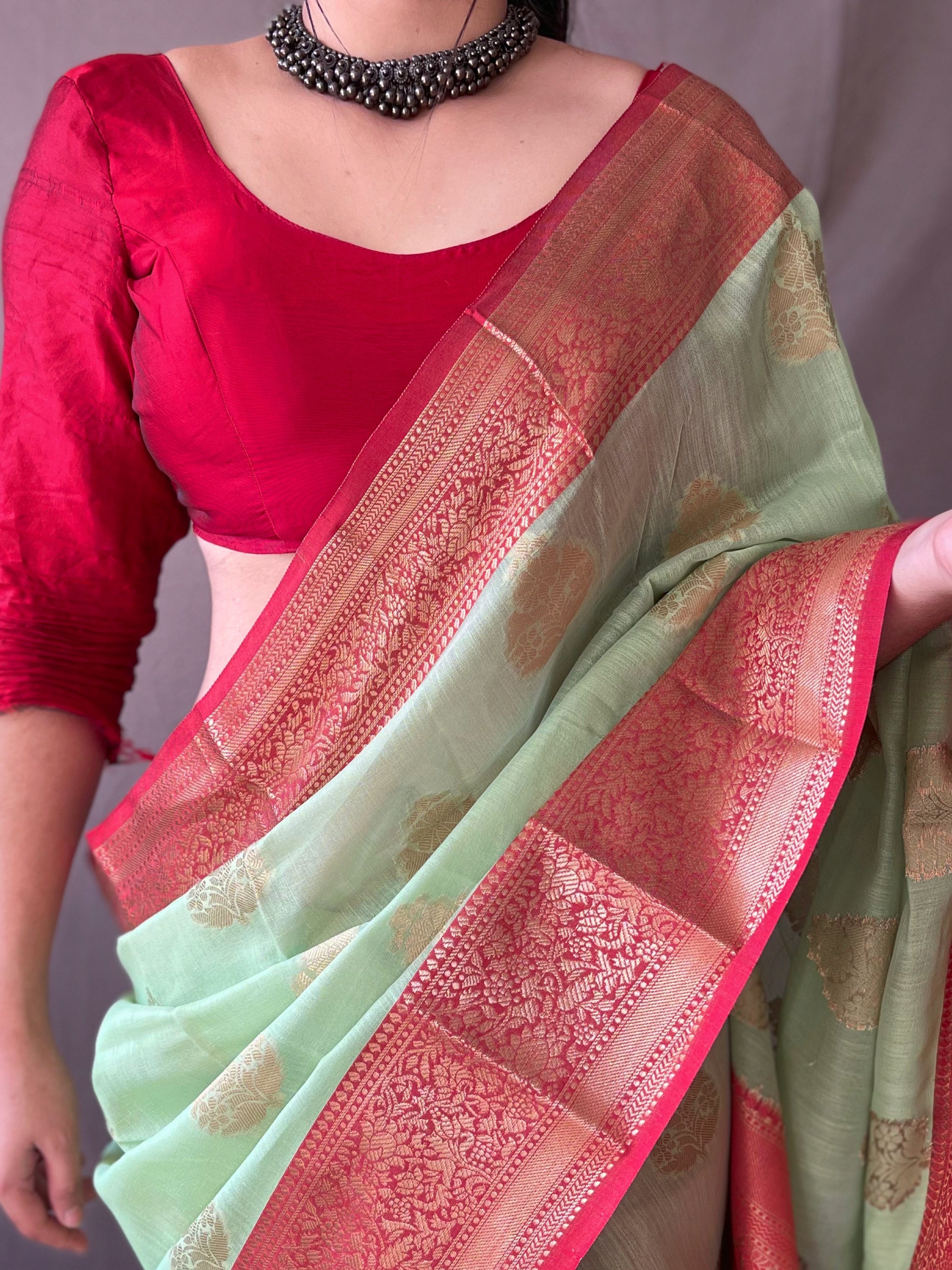 Women's Linen Contrast Woven Saree Green - Tasarika