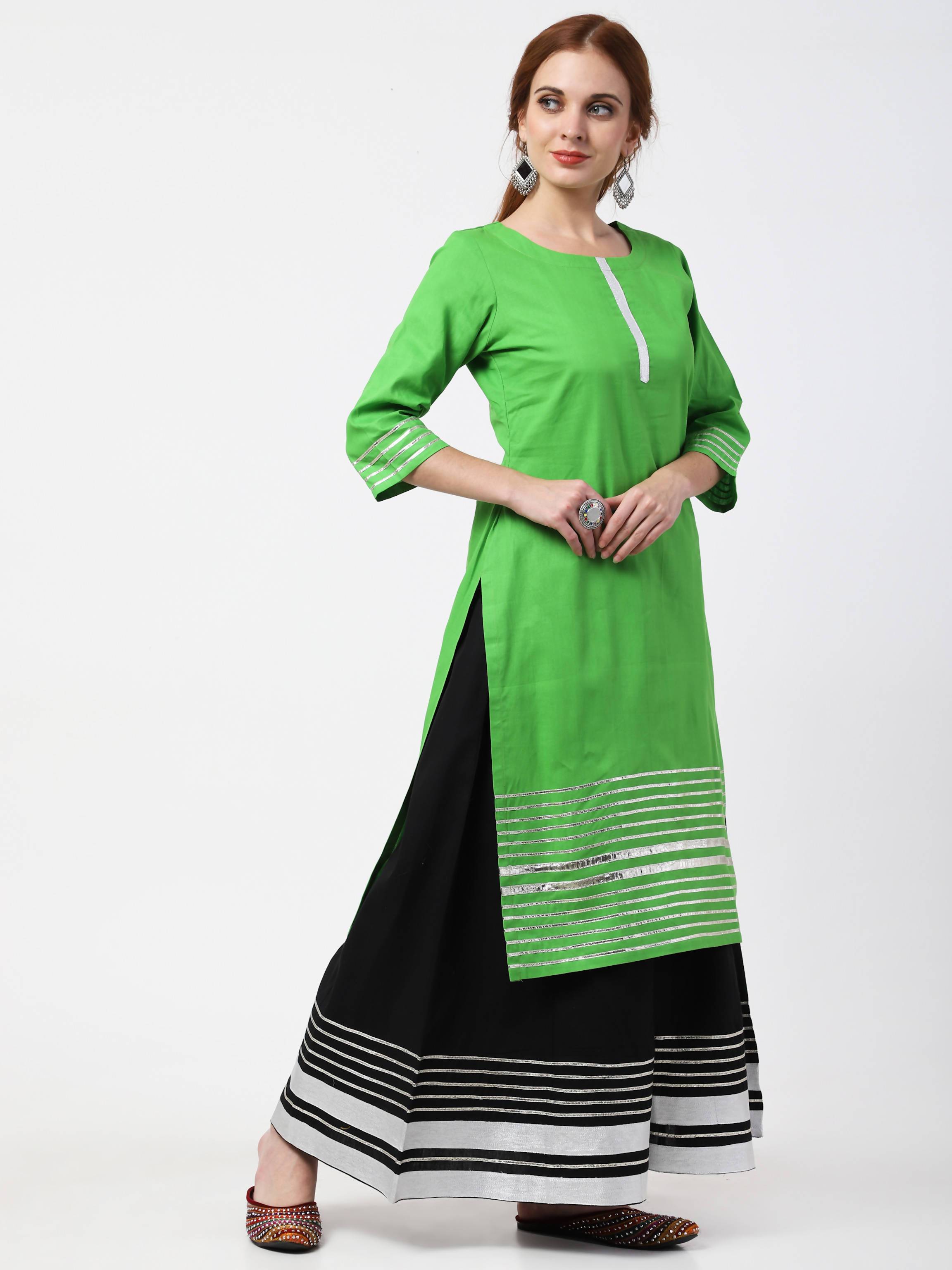 Women's Green & Black Cotton Kurta Sharara Dupatta Set - Cheera