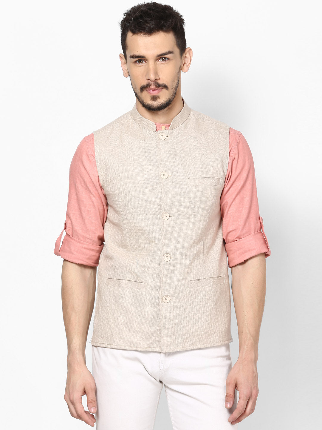Men's Off White Linen Nehru Jacket - Even Apparels