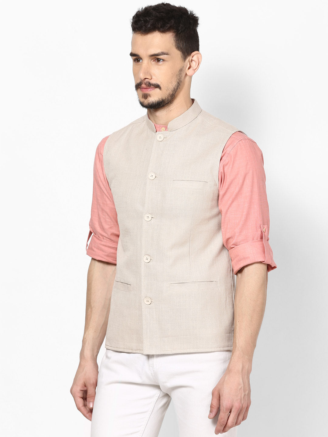 Men's Off White Linen Nehru Jacket - Even Apparels