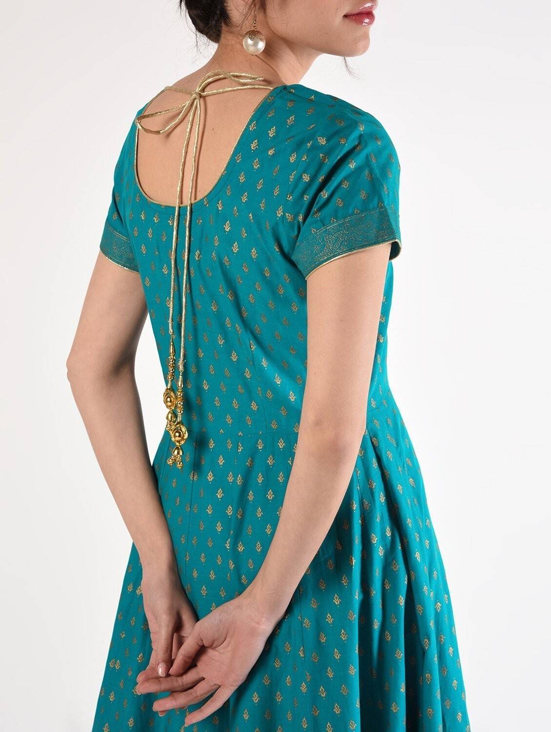Women's Turquoise Cotton Hand Block Print Ghagra Style Anarkali Kurta Only - Cheera