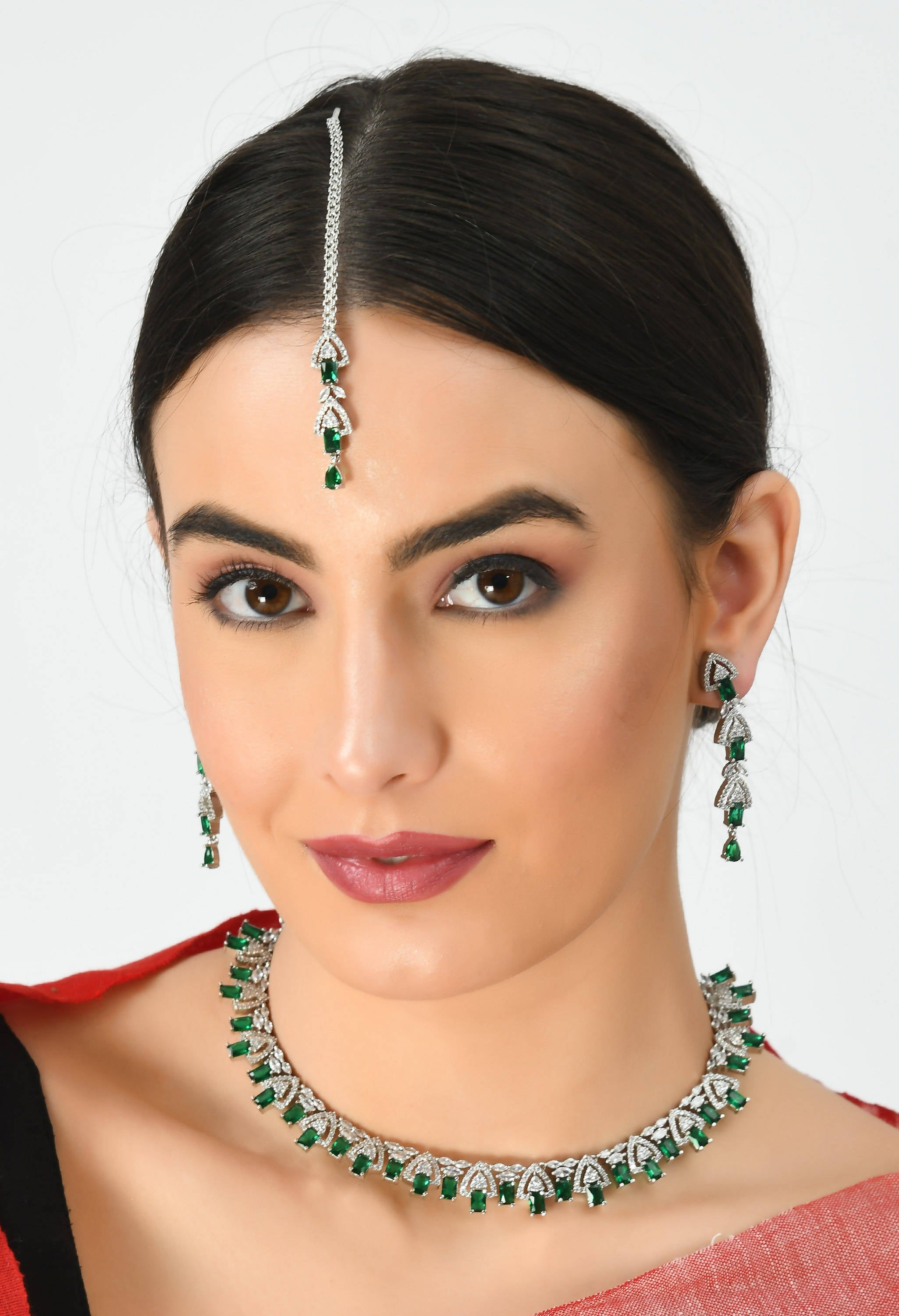 Kamal Johar American Diamond Silver-Plated Green Ruby Jewellery Set Jkms_027