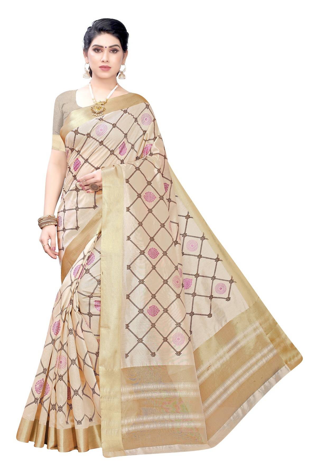 Women's Vamika Weaving Cream Cotton Polyester Silk Saree Kerala Checks - Vamika