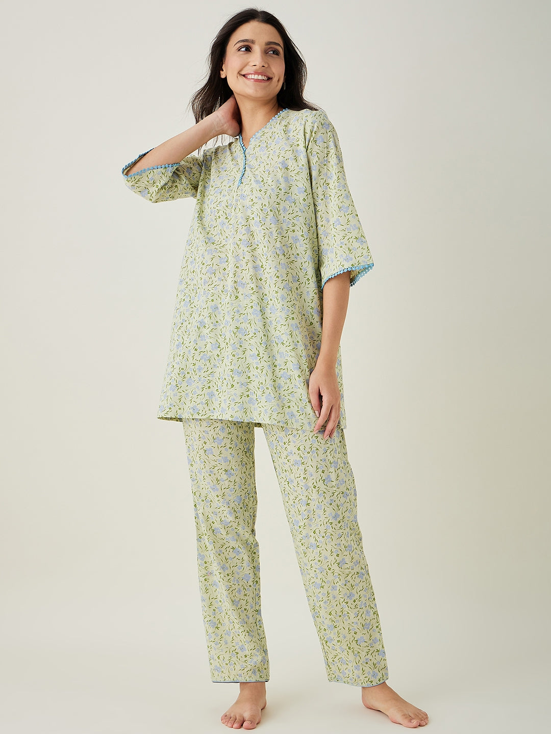 Women's Green Floral Printed Cotton Coord set - The Kaftan Company