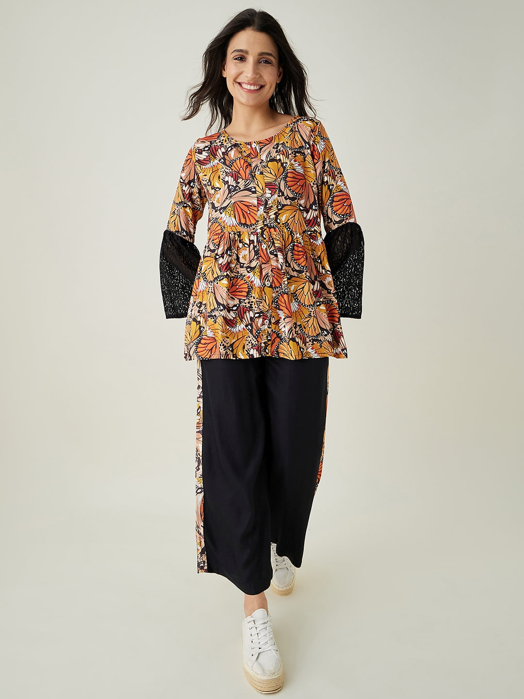 Women's Black Flutter Printed Pajama Set - The Kaftan Company