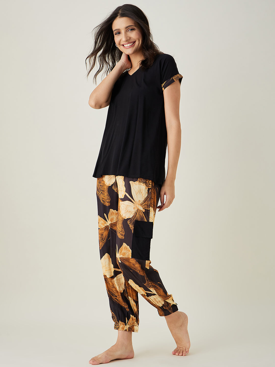 Women's Black Flutter Printed Pyjama Set - The Kaftan Company