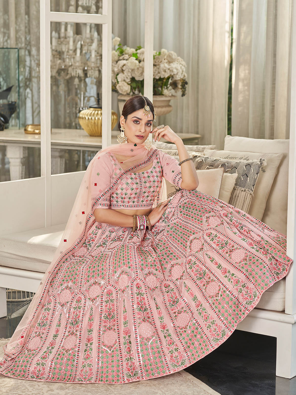 Women's Gorgeous Pink Embroidered Lehenga Choli Set - Odette
