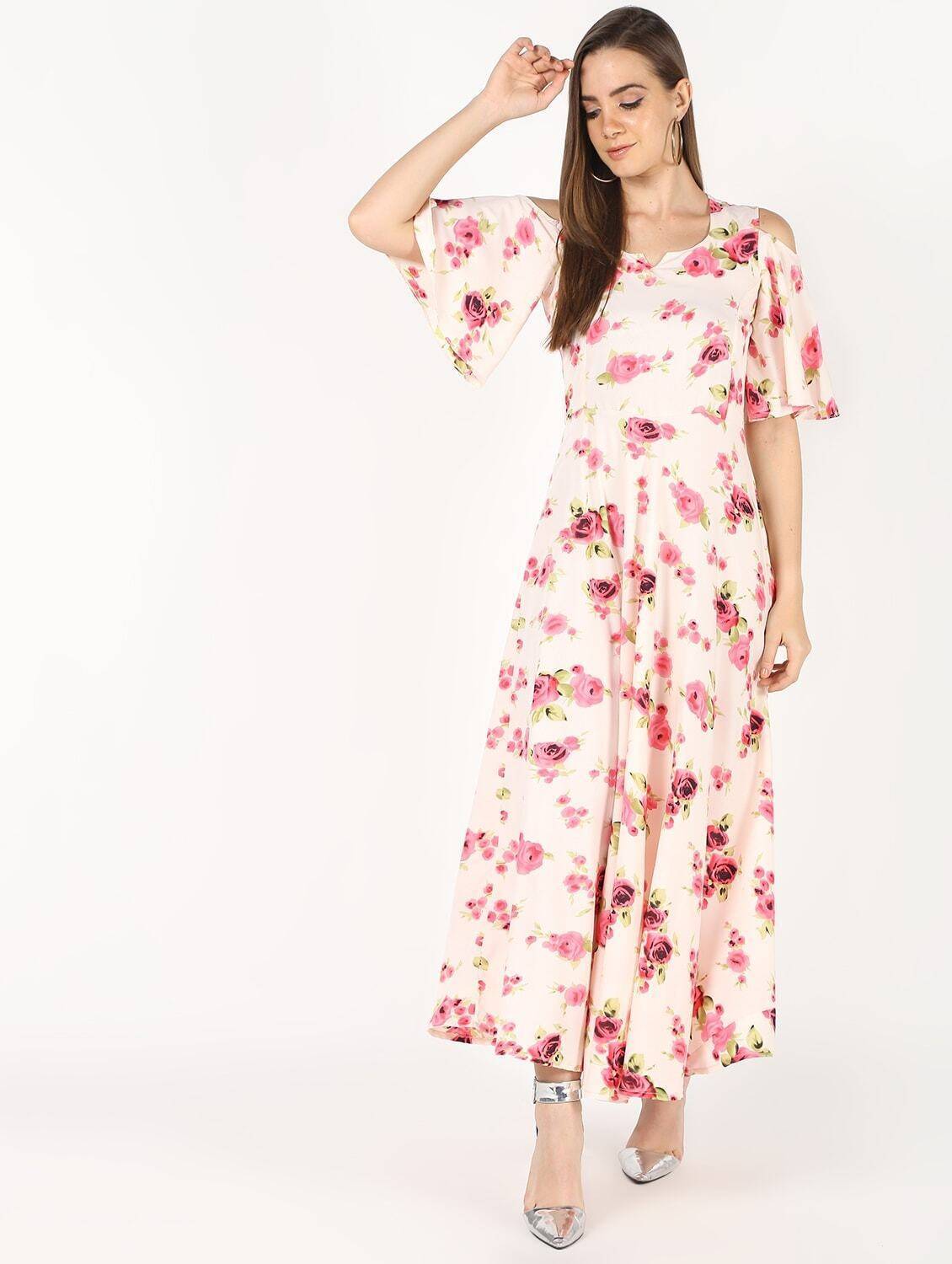 Women's Cream Front Princess Cut With Bell Sleeve Floral Print Long Dress - Cheera