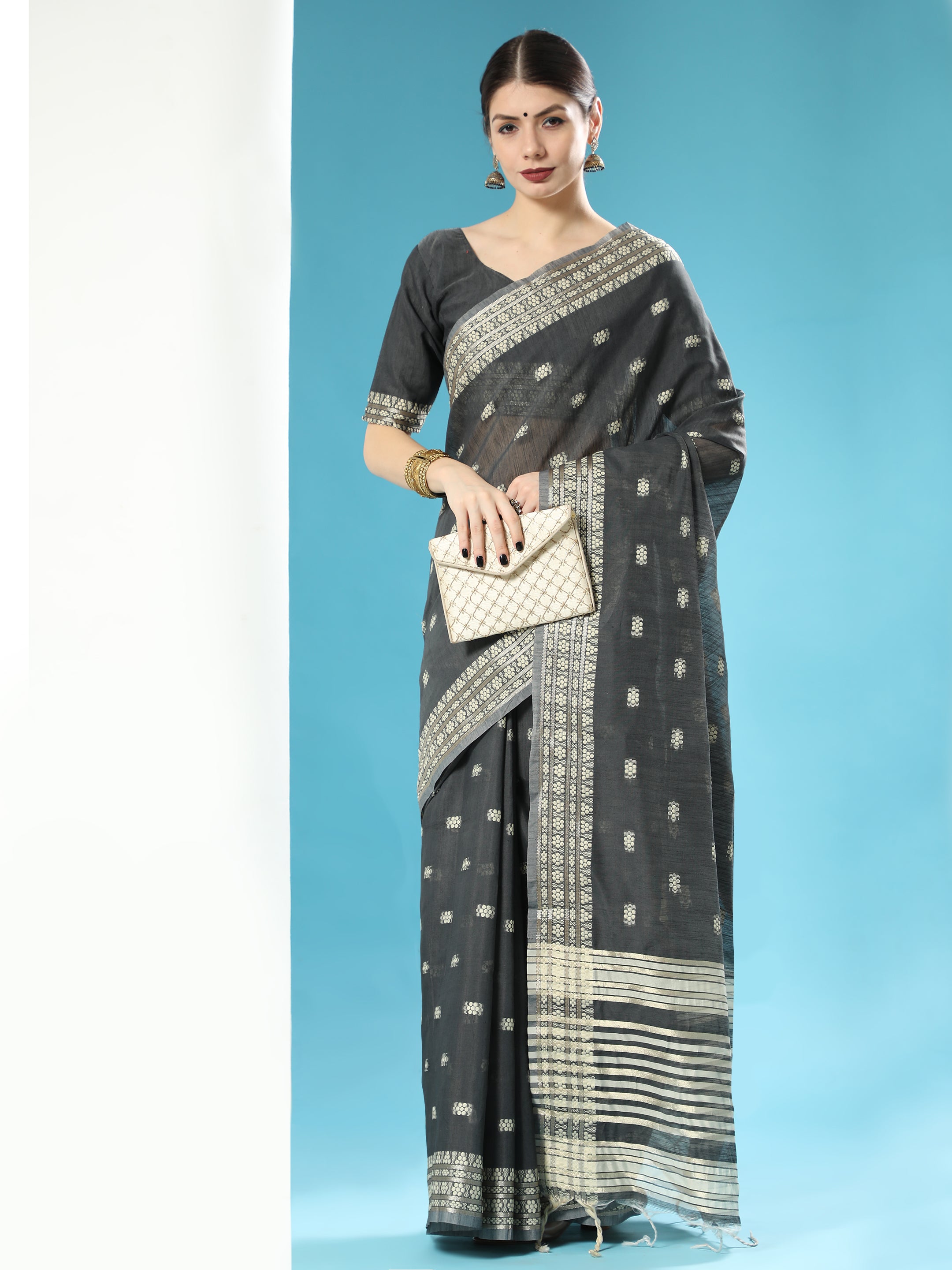 Women's Black Woven Lucknowi Cotton Saree With Tassels - Aastha Fashion