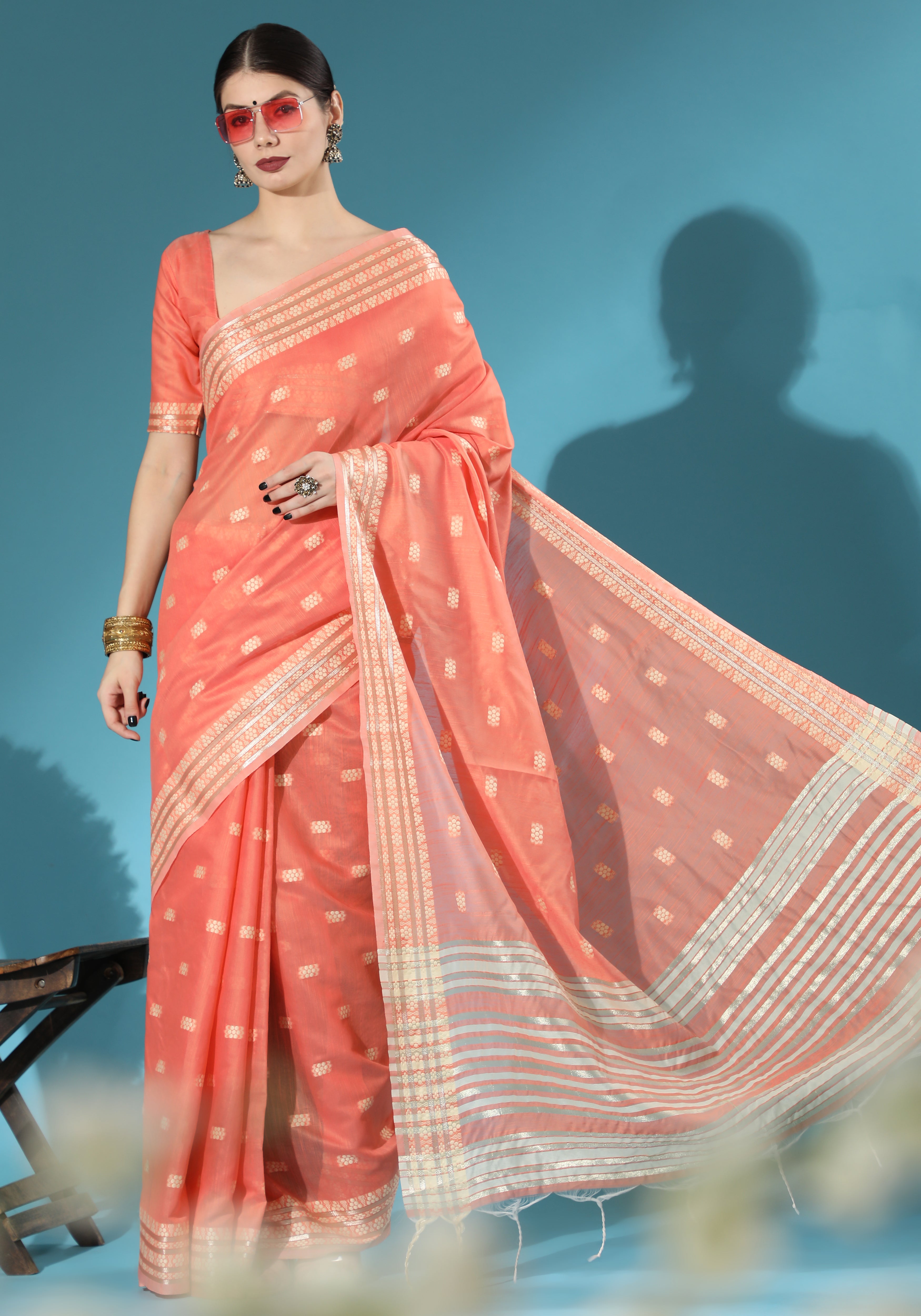 Women's Orange Woven Lucknowi Cotton Saree with Tassels - Vishnu Weaves
