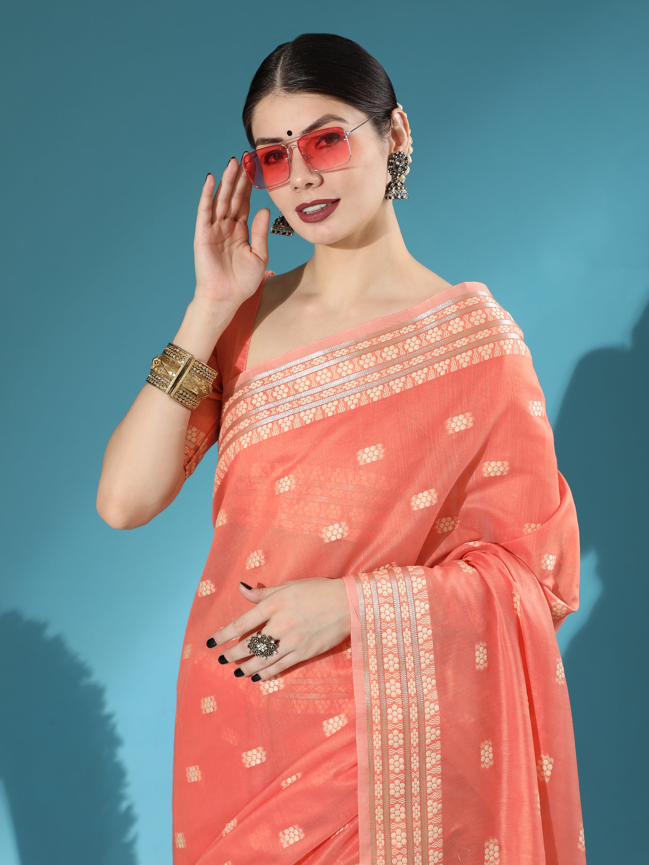 Women's Orange Woven Lucknowi Cotton Saree with Tassels - Vishnu Weaves