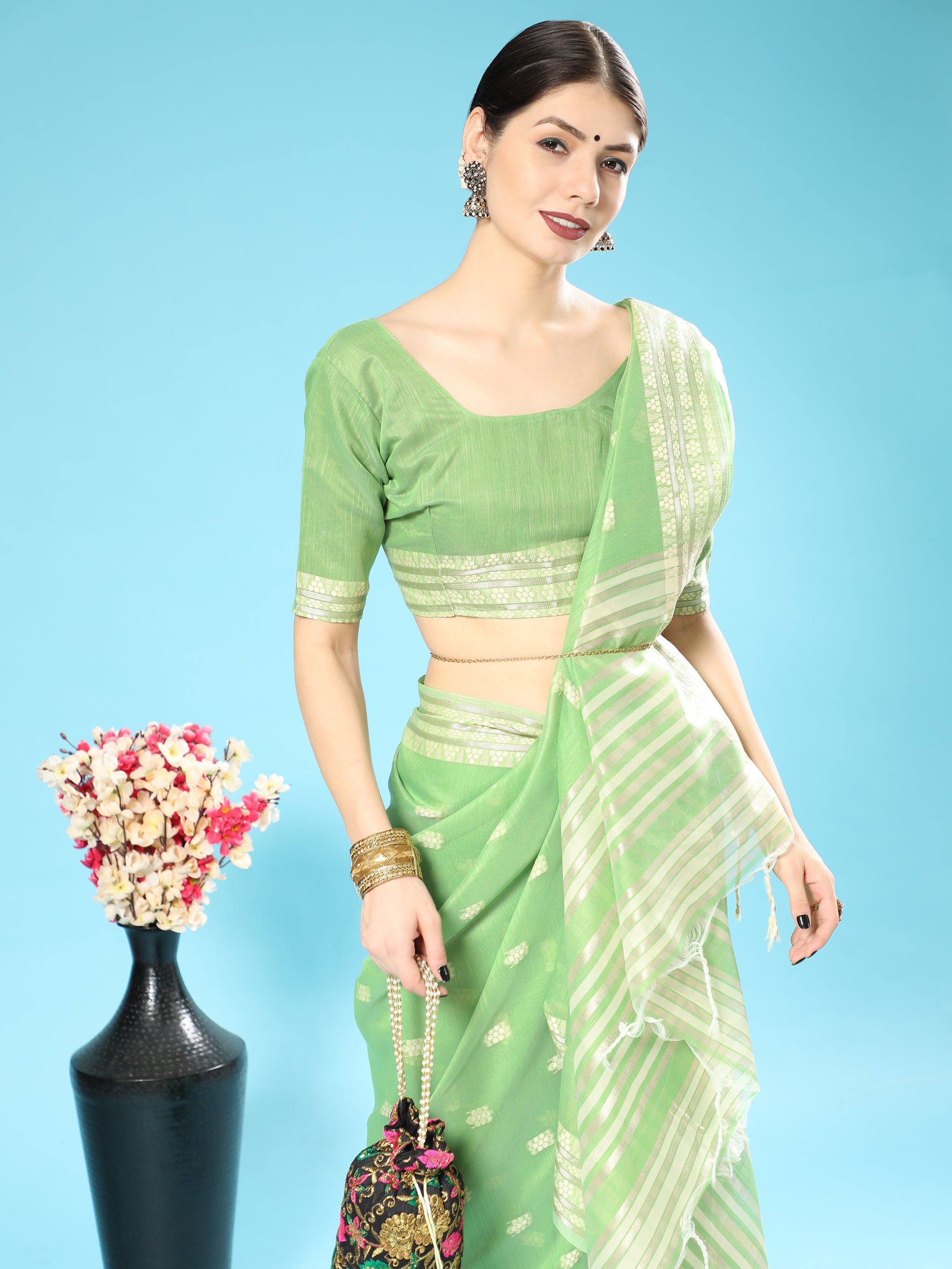 Women's Pista Woven Lucknowi Cotton Saree With Tassels - Aastha Fashion