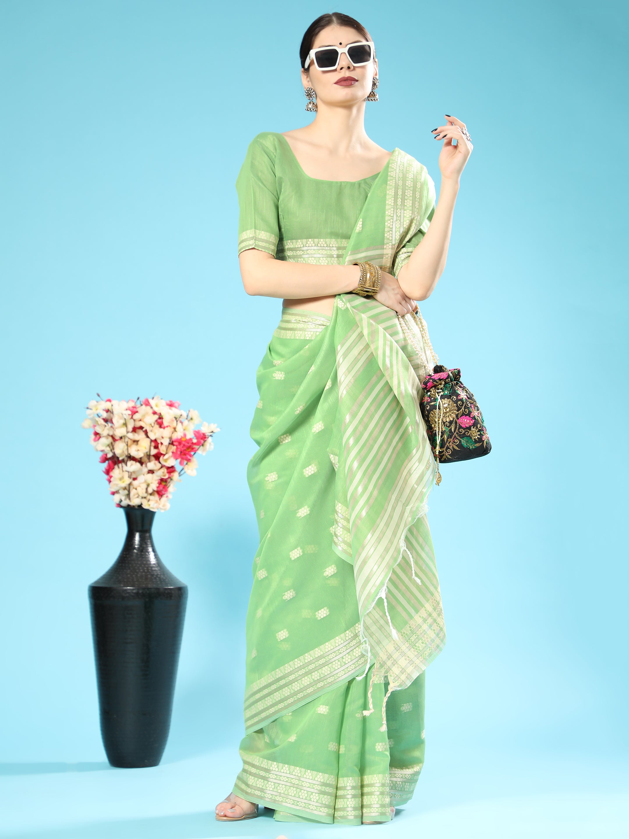 Women's Pista Woven Lucknowi Cotton Saree With Tassels - Aastha Fashion