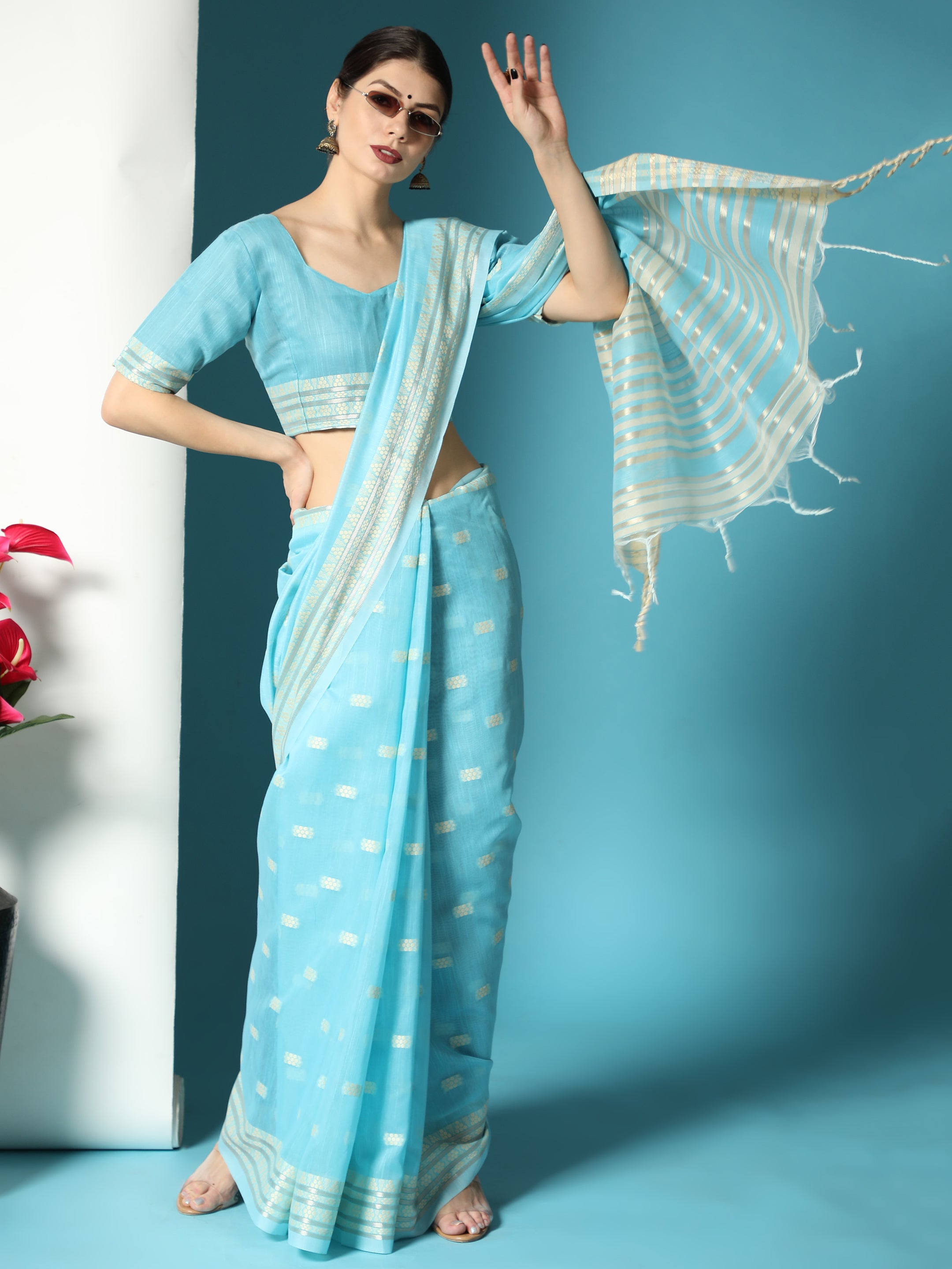 Women's Sky Blue Woven Lucknowi Cotton Saree with Tassels - Vishnu Weaves