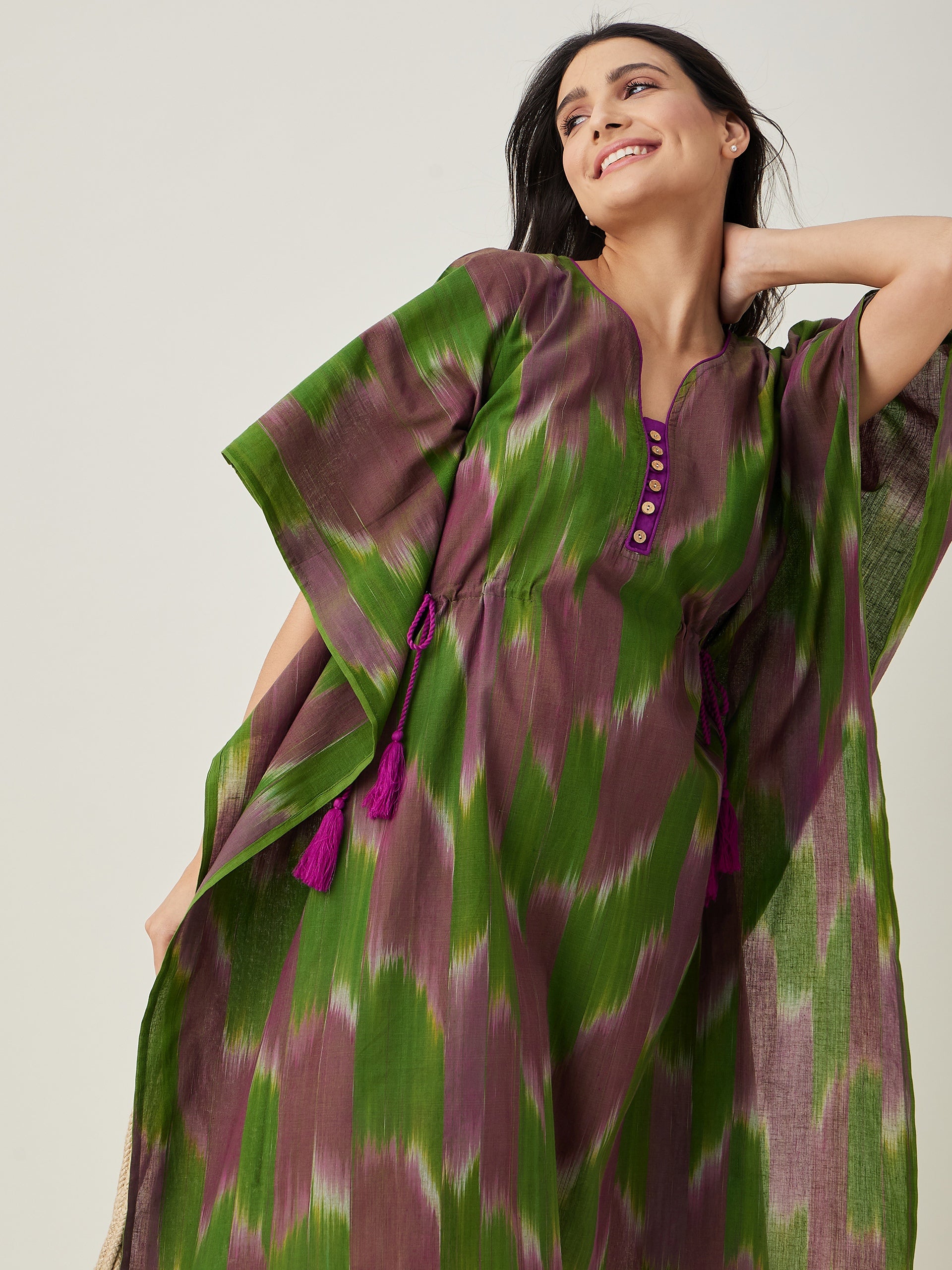 Women's Green Handloom Ikat Weave Cotton Kaftan - The Kaftan Company