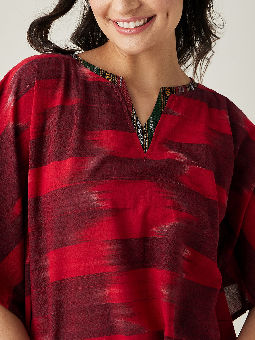 Women's Red Handloom Ikat Weave Cotton Kaftan - The Kaftan Company