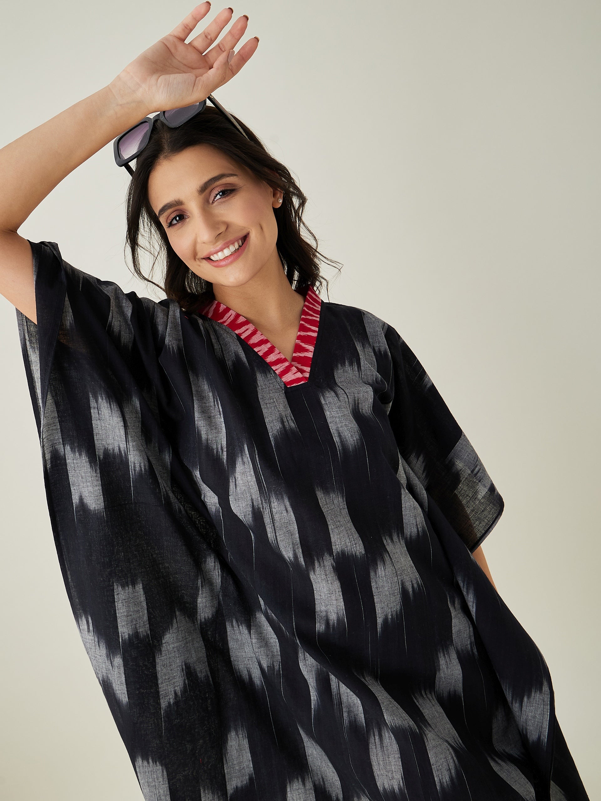 Women's Black Handloom Ikat Weave Cotton Kaftan - The Kaftan Company