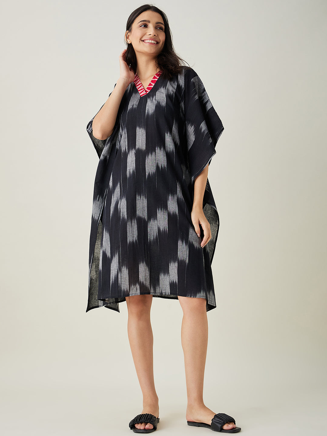 Women's Black Handloom Ikat Weave Cotton Kaftan - The Kaftan Company