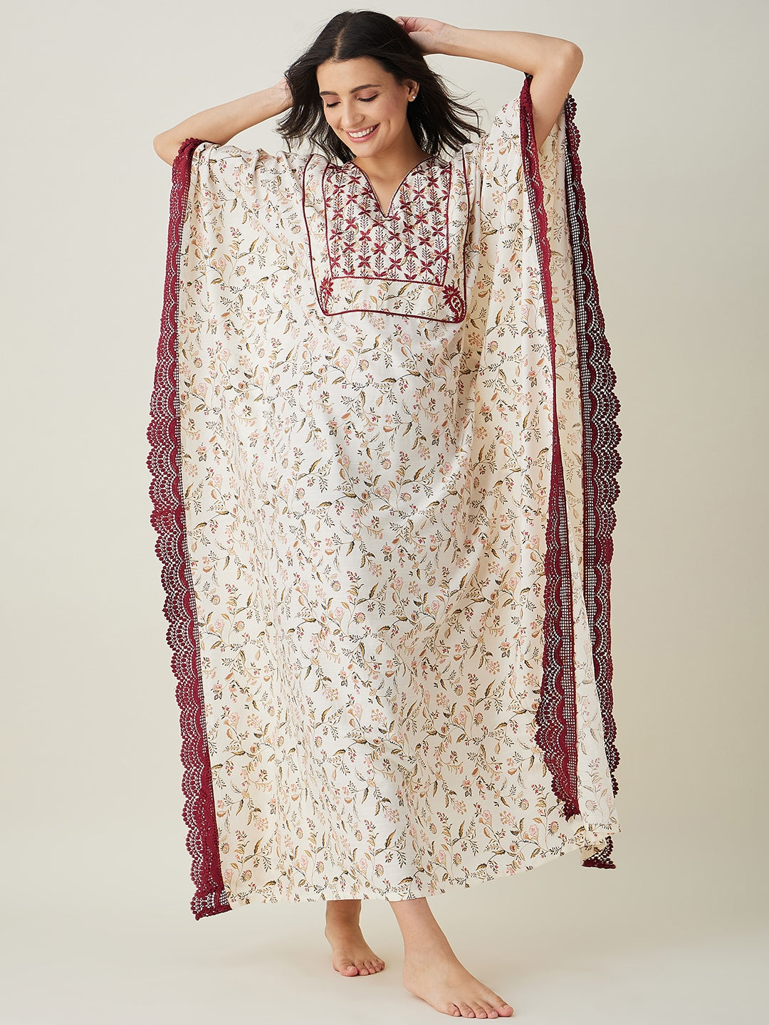 Women's White Floral Embroidered Maxi Kaftan - The Kaftan Company