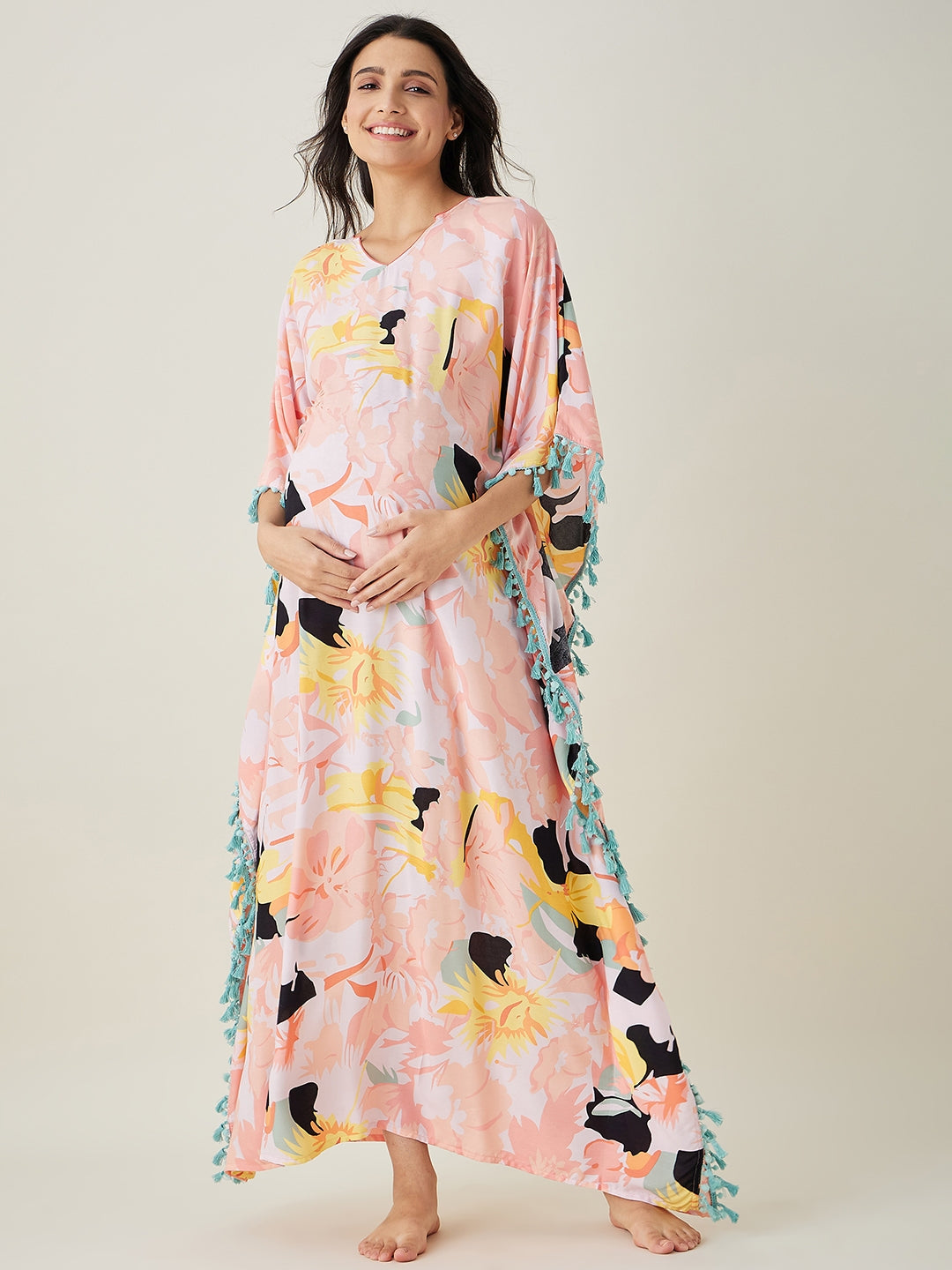 Women's Pink Abstract Floral Maternity Kaftan - The Kaftan Company