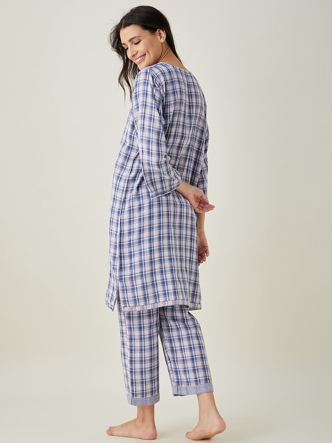 Women's Pink Checks Reversible Top Cotton Pyjama Set - The Kaftan Company