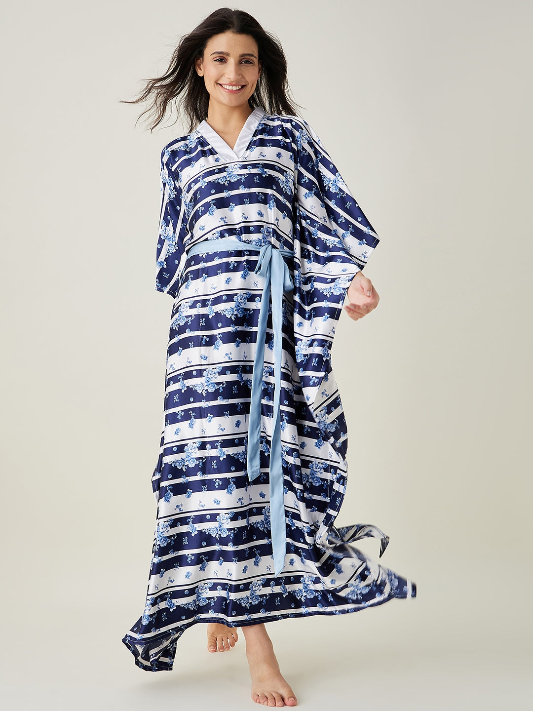 Women's White and Blue Ditsy Floral Loungewear Kaftan - The Kaftan Company