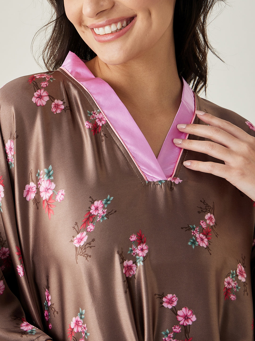 Women's Brown Floral Printed Loungewear Kaftan - The Kaftan Company