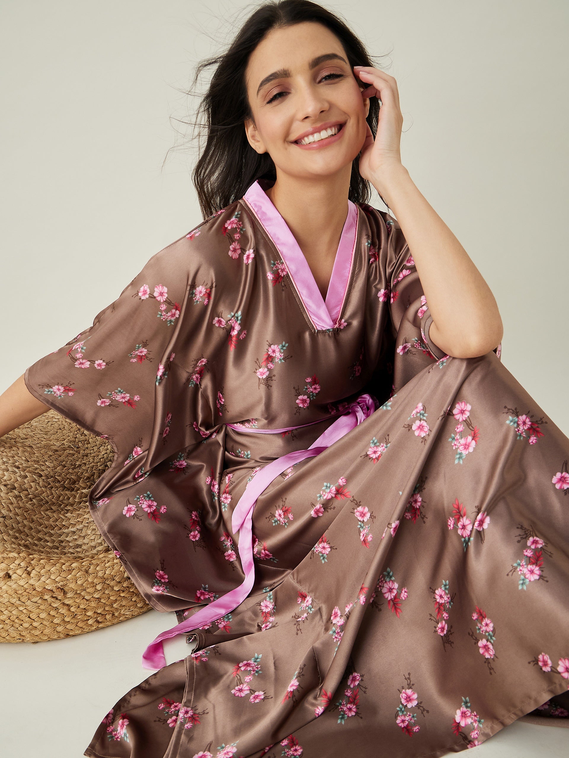Women's Brown Floral Printed Loungewear Kaftan - The Kaftan Company