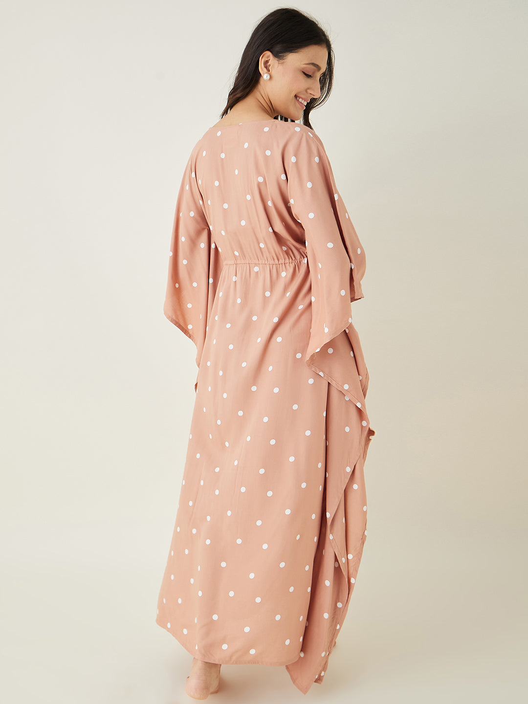 Women's Beige Dotted Delight Maternity Nursing Dress  - The Kaftan Company