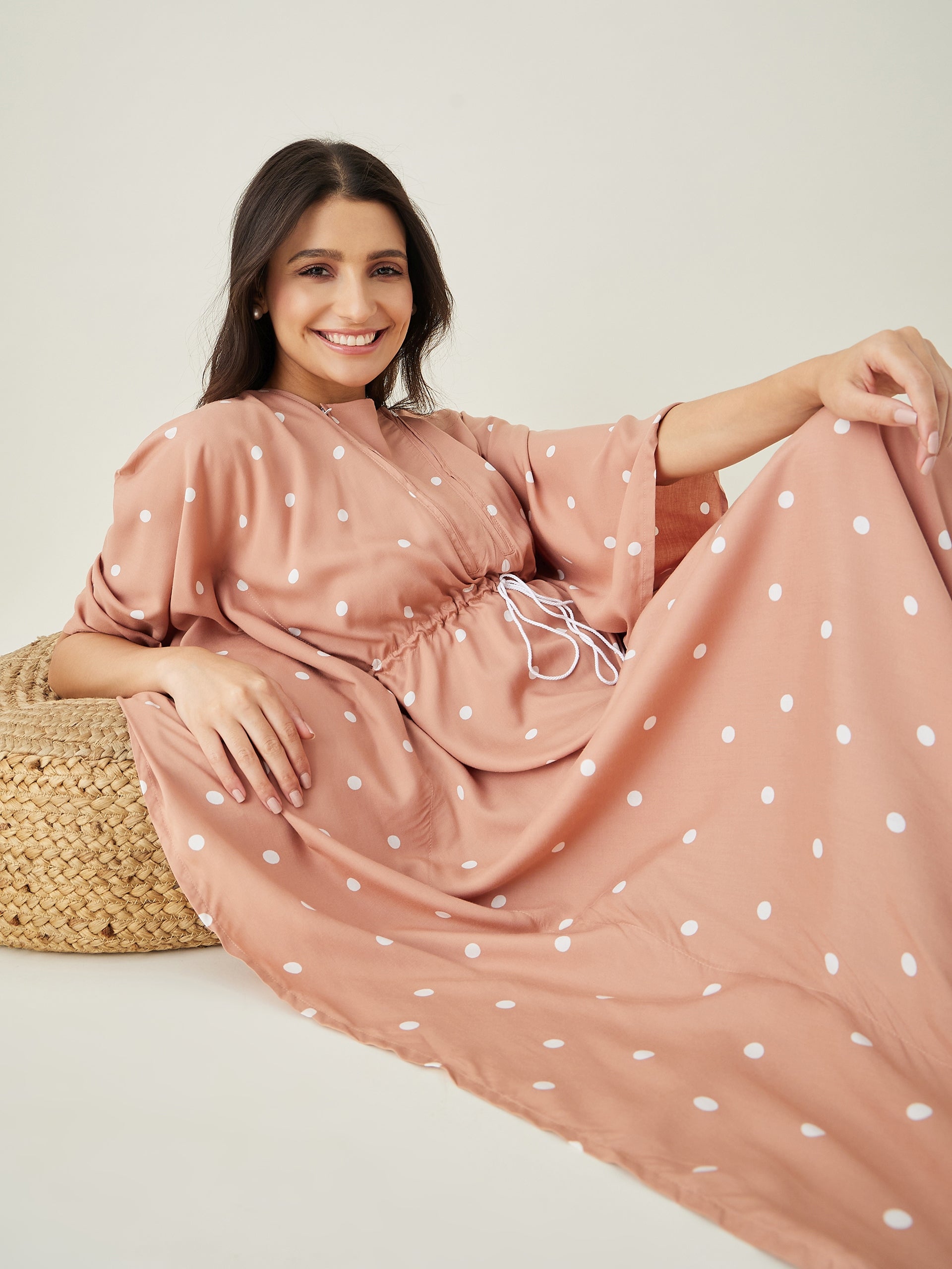 Women's Beige Dotted Delight Maternity Nursing Dress  - The Kaftan Company