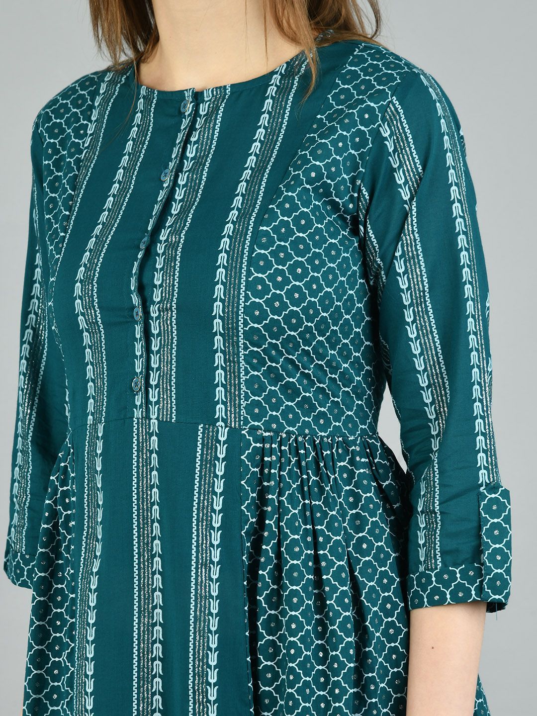 Women's Green Cotton Printed 3/4 Sleeve Round Neck Casual Dress - Myshka