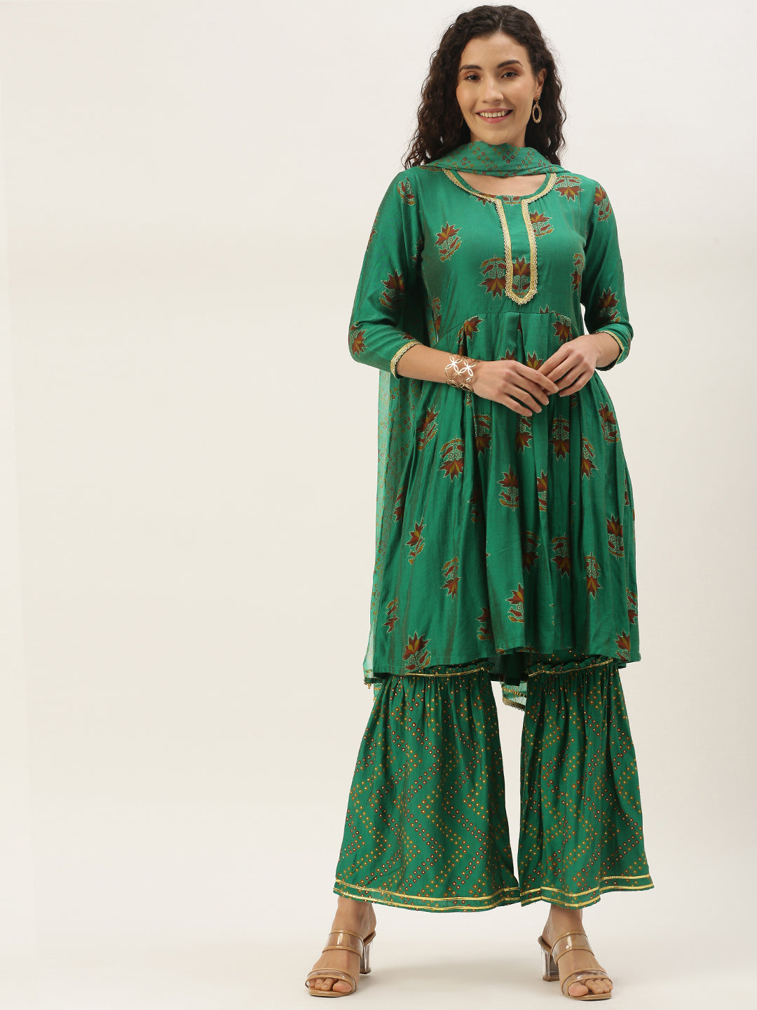 Women's Green Color Muslin Foil Printed Kurta Sharara With Dupatta - VAABA